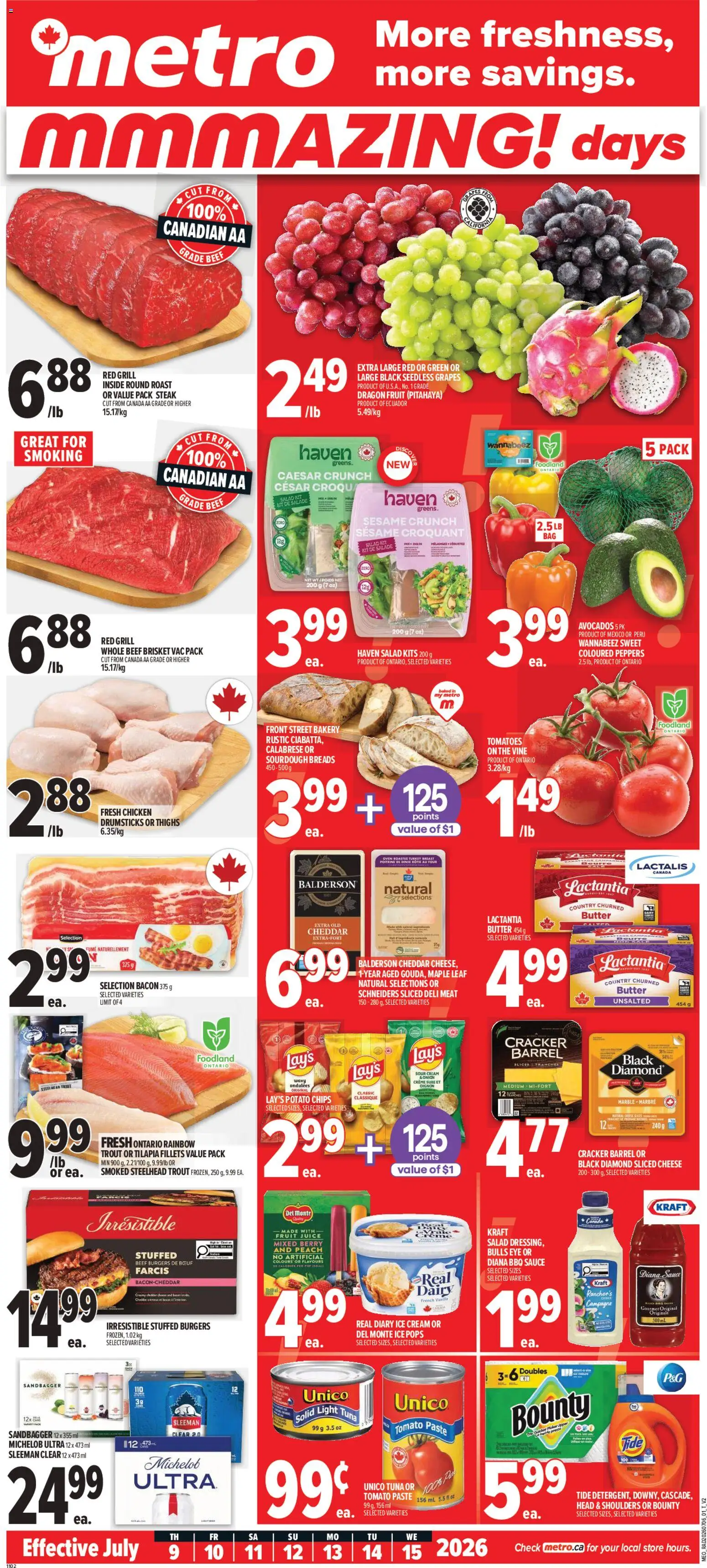 Preview of leaflet Metro weekly flyer - London from shop Metro is valid from Jul 09, 2026 - Ice cream, Ice, Butter, Bacon, Tuna, Oven, Drumsticks, Seedless grapes