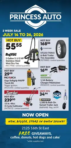 Un aperçu du dépliant Princess Auto flyer - 2 Week Sale! du magasin Princess Auto est valide à partir 14 juill. 2026