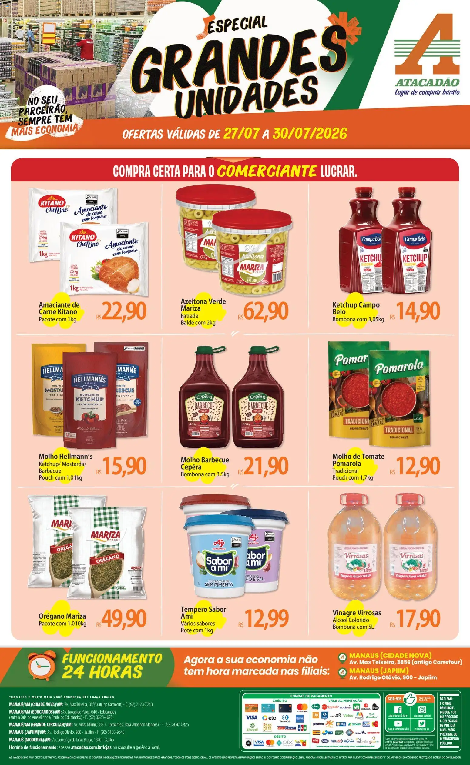 Pré-Visualização do folheto "Atacadão ofertas - AM" da loja Atacadão válido a partir de 27/07/2026 - Sal, Álcool, Carne, Tomate, Ketchup, Pimenta, Molho de tomate, Balde