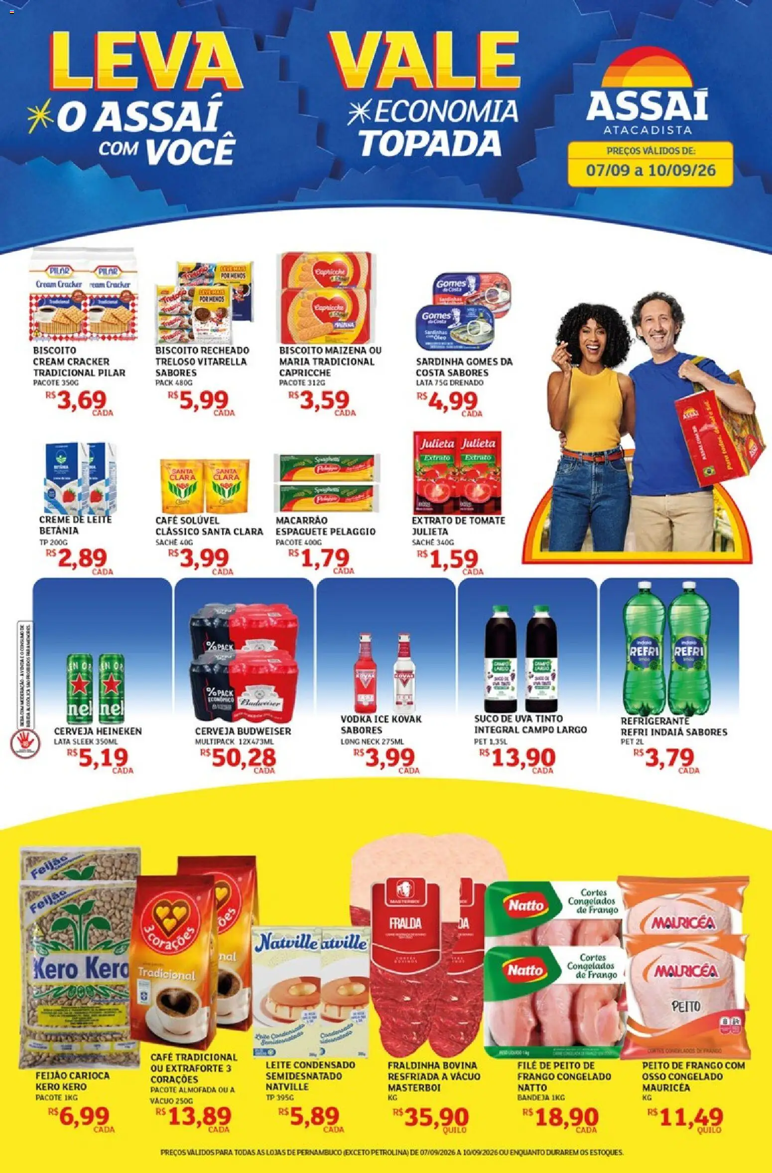 Pré-Visualização do folheto "Assaí Atacadista ofertas - PE" da loja Assaí Atacadista válido a partir de 07/09/2026 - Heineken, Leite condensado, Feijão, Tomate, Almofada, Sardinha, Espaguete, Café solúvel