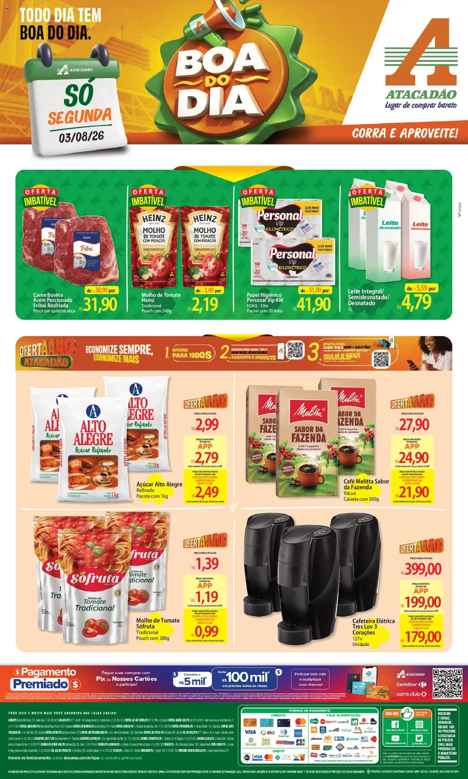 Pré-Visualização do folheto "Atacadão ofertas - PR" da loja Atacadão válido a partir de 03/08/2026 - Café, Leite, Carne, Tomate, Açúcar, Papel higiênico, Carne bovina, Acém