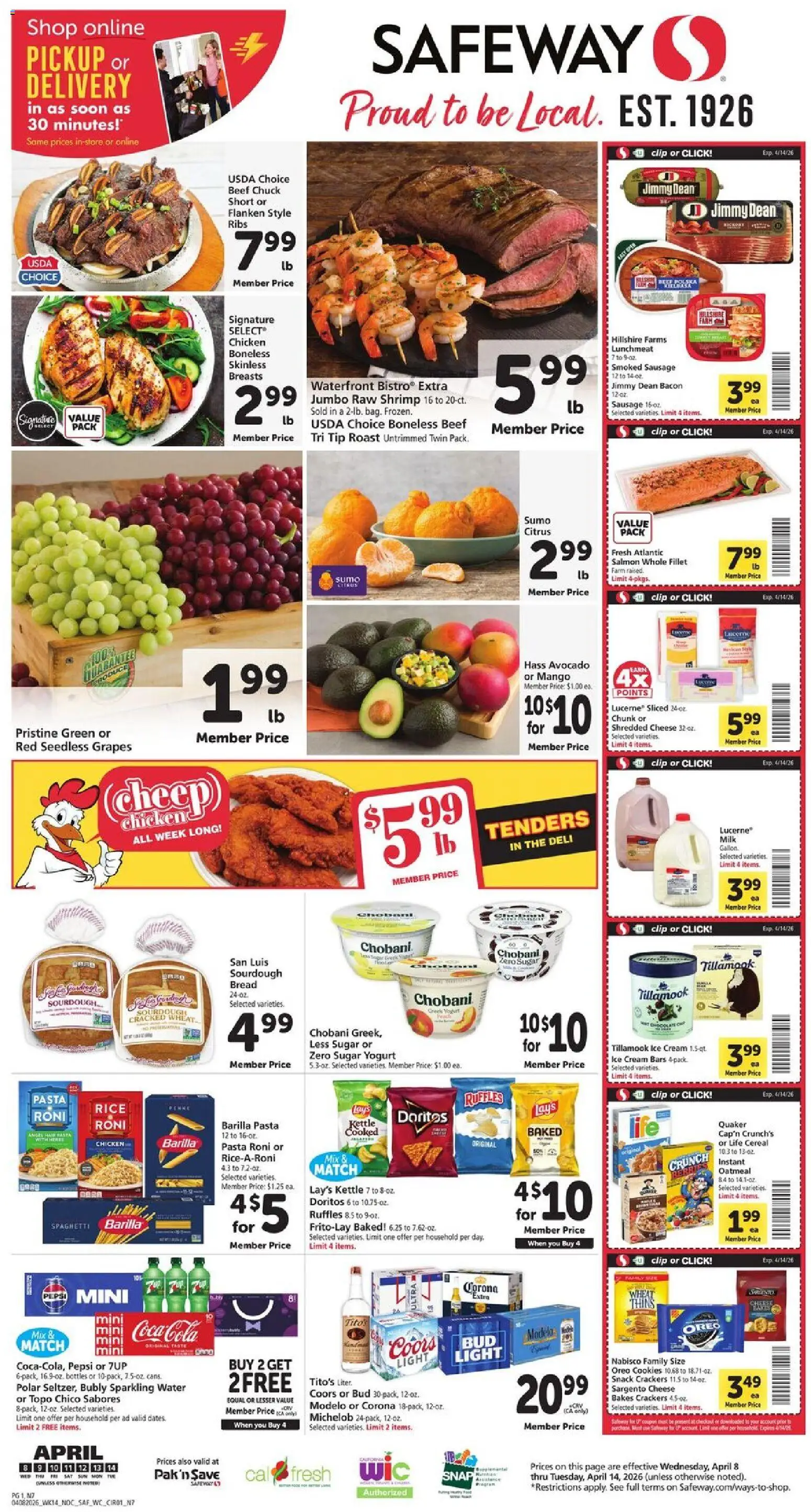 Ad Preview of Safeway Safeway Weekly Ad from 04/08/2026 - Cookies, Cheese, Bread, Yogurt, Cereal, Oreo, Crackers, Seedless grapes