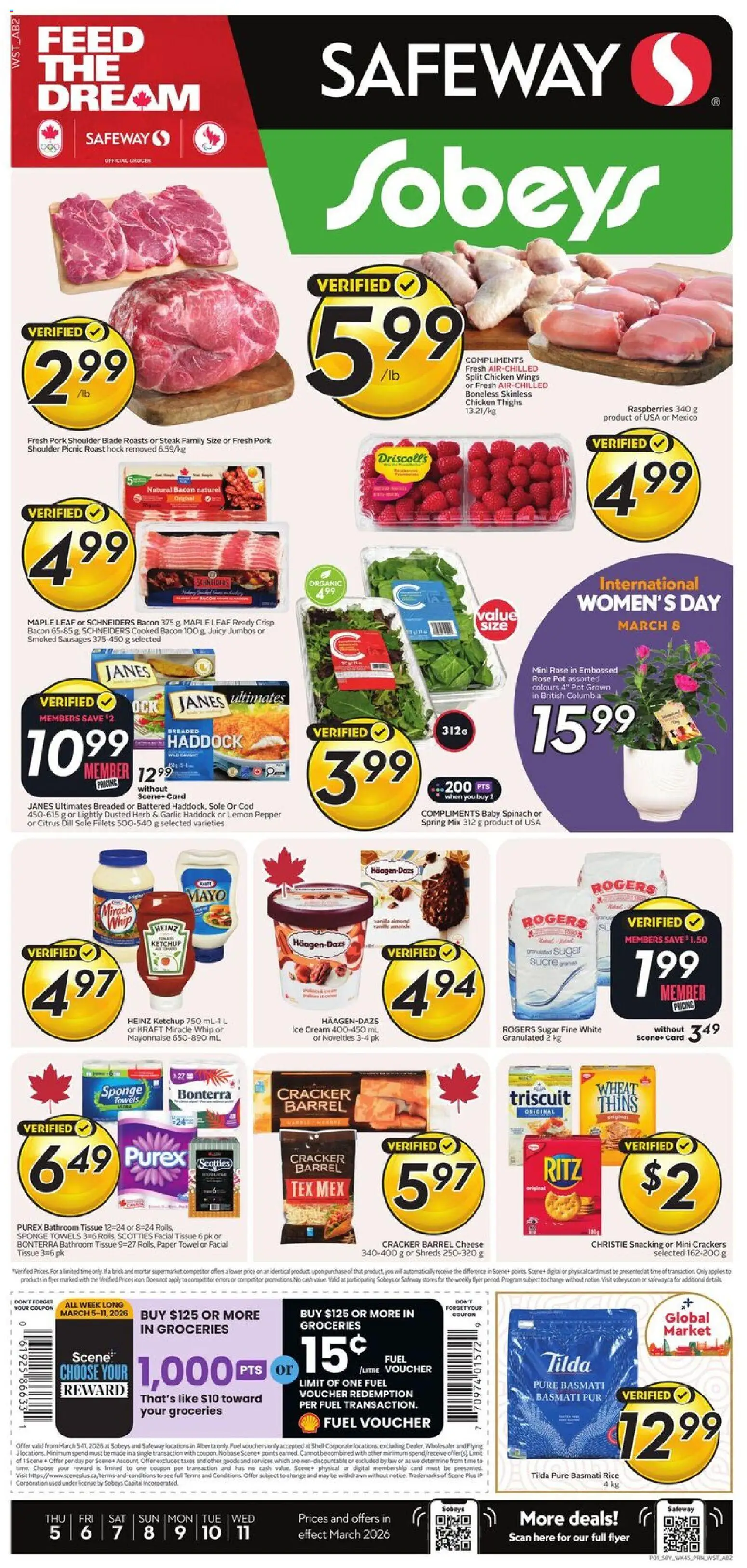 Preview of leaflet Sobeys weekly flyer - AB from shop Sobeys is valid from Mar 05, 2026 - Chicken, Steak, Sugar, Sausages, Spinach, Pork, Towels, Baby spinach