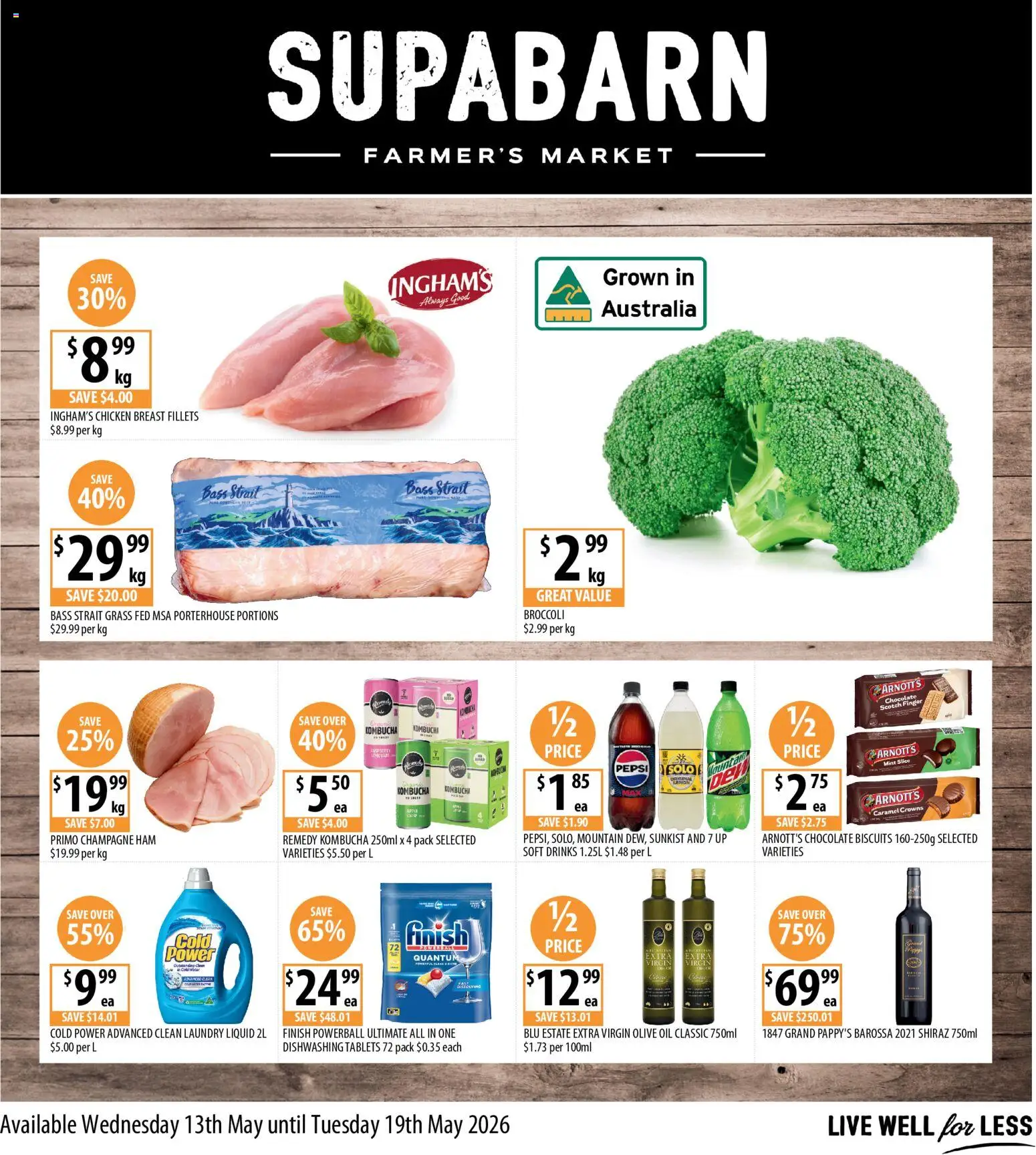 Preview of catalogue Supabarn catalogue from shop Supabarn valid 13/05/2026 - Drinks, Champagne, Broccoli, Ham, Chicken, Olive oil, Scotch, Tablets