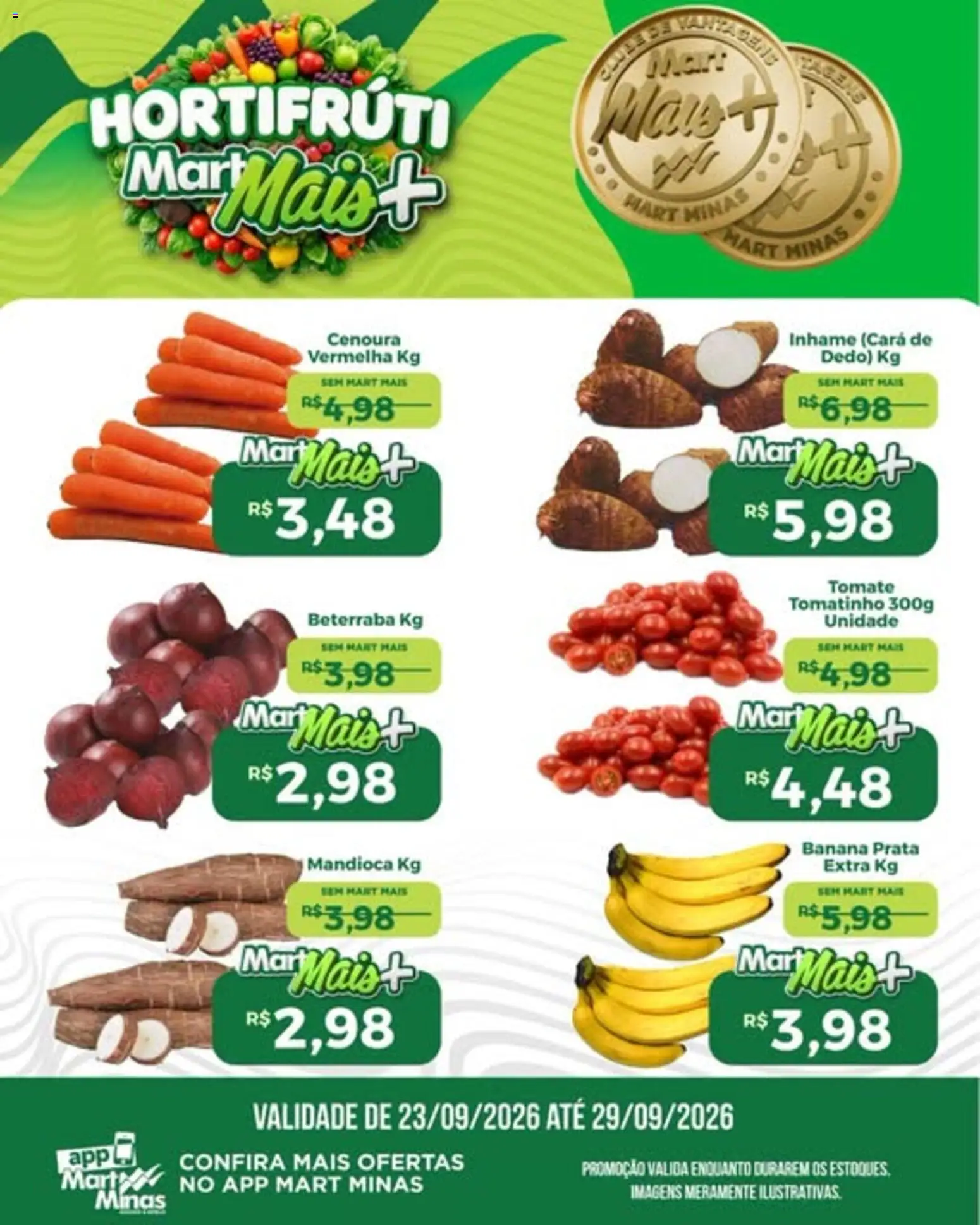 Pré-Visualização do folheto "Mart Minas ofertas Hortifruti" da loja Mart Minas válido a partir de 23/09/2026 - Inhame, Beterraba, Tomate, Cenoura, Mandioca, Cará