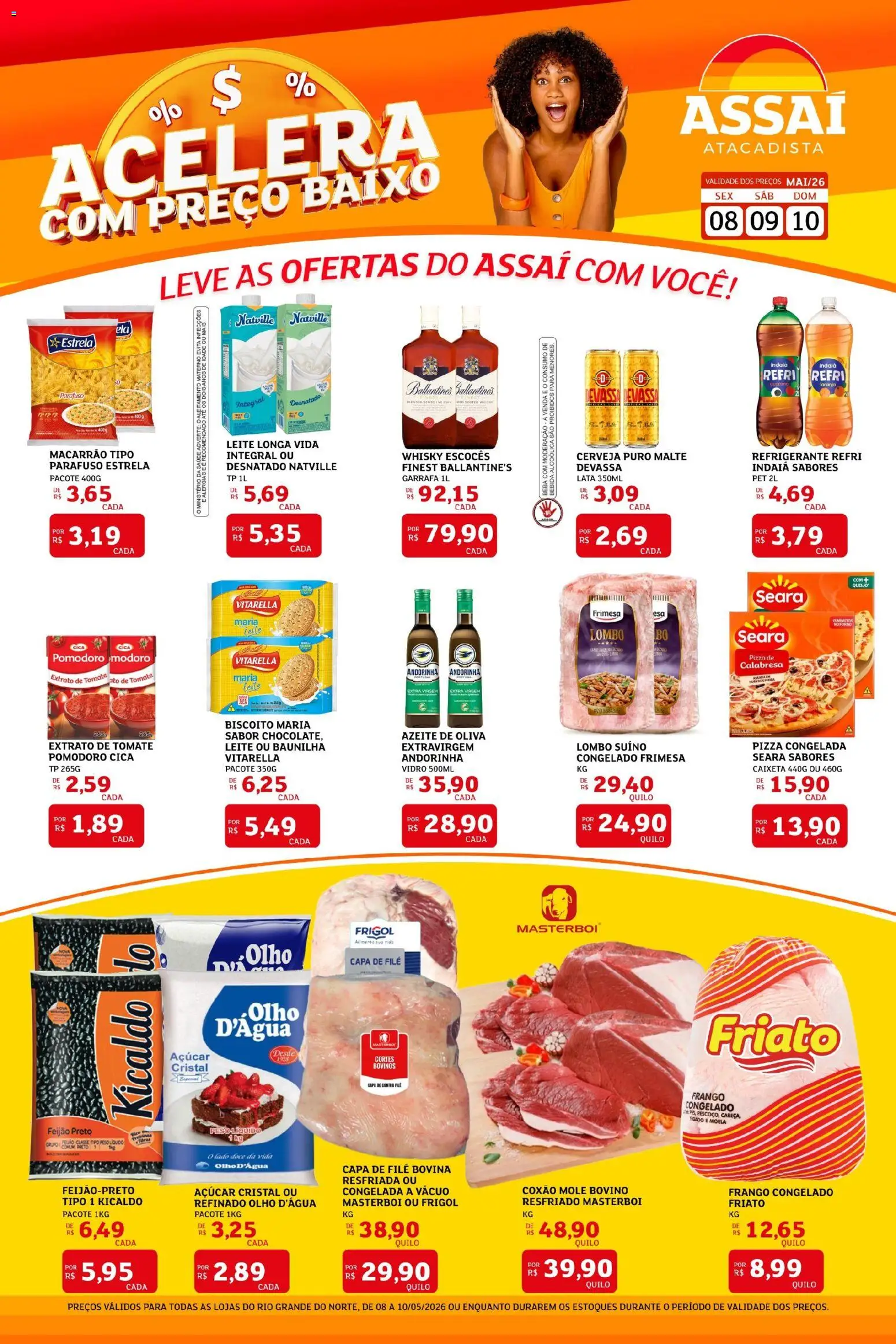 Pré-Visualização do folheto "Assaí Atacadista ofertas - RN" da loja Assaí Atacadista válido a partir de 08/05/2026 - Whisky, Cerveja, Macarrão, Azeite, Tomate, Forno, Moela, Extrato de tomate