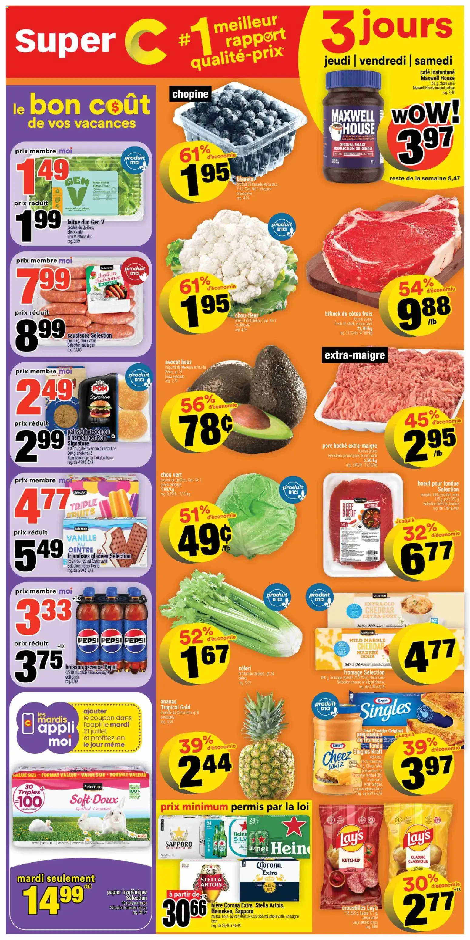 Preview of leaflet Super C weekly flyer / circulaire from shop Super C is valid from Jul 16, 2026 - Coffee, Food, Hamburger, Pineapple, Cabbage, Cauliflower, Roast, Cheddar
