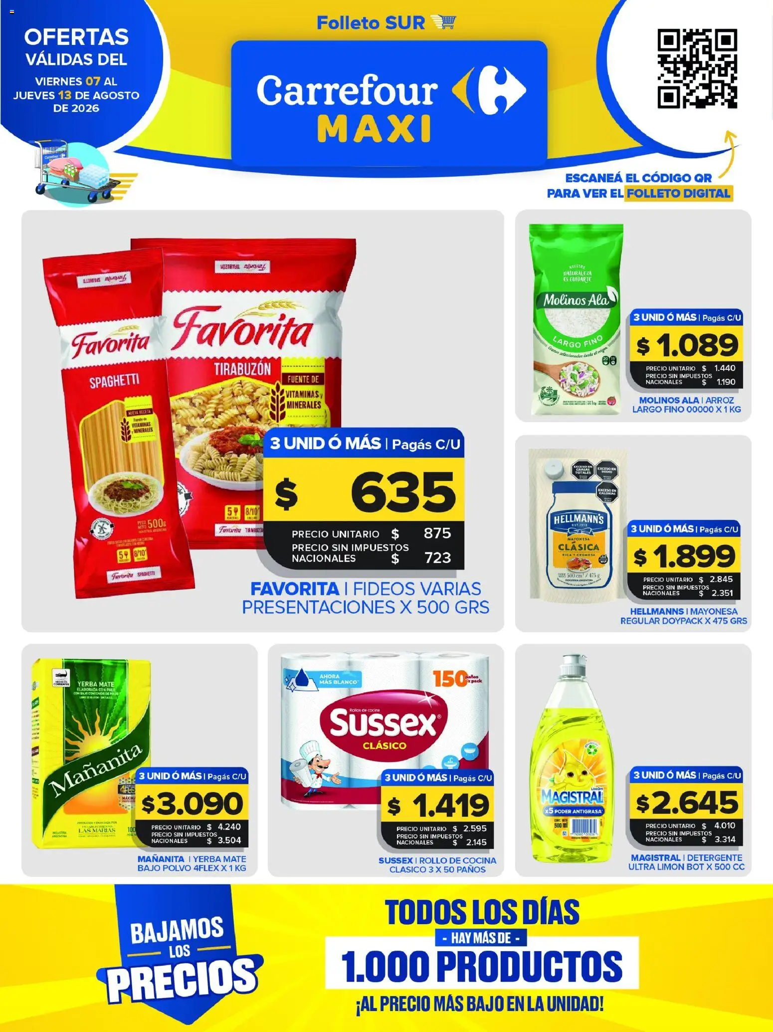 Vista previa del folleto de la tienda Carrefour Maxi válido desde el 07/08/2026 - Cocina, Vitaminas, Fuente, Yerba, Mayonesa, Detergente, Spaghetti, Polvo