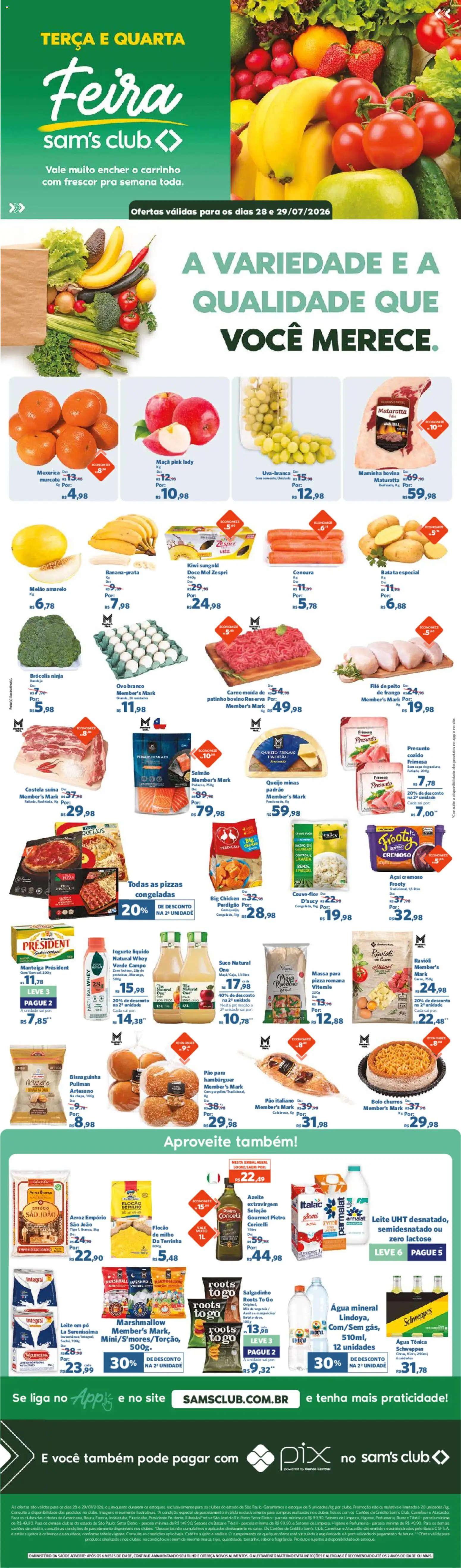 Pré-Visualização do folheto "Sam's Club - Ofertas da semana" da loja Sam's Club válido a partir de 28/07/2026 - Pão, Queijo, Carne moída, Pó, Água tônica, Presunto, Bandeja, Melão