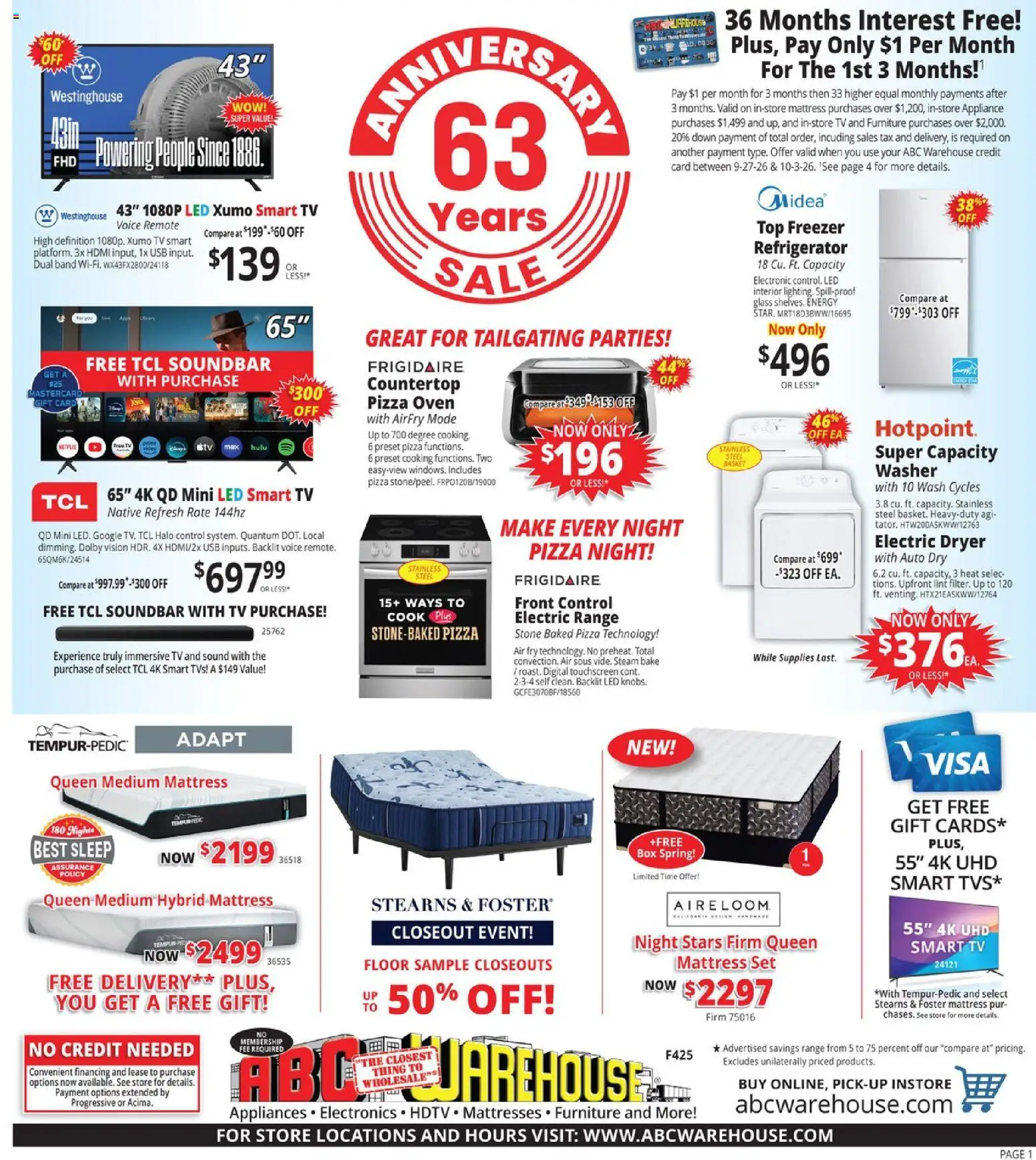 Ad Preview of ABC Warehouse ABC Warehouse Weekly Ad from 09/27/2026 - Pizza, Box, Tv, Mattress, Freezer, Dryer, Usb, Soundbar
