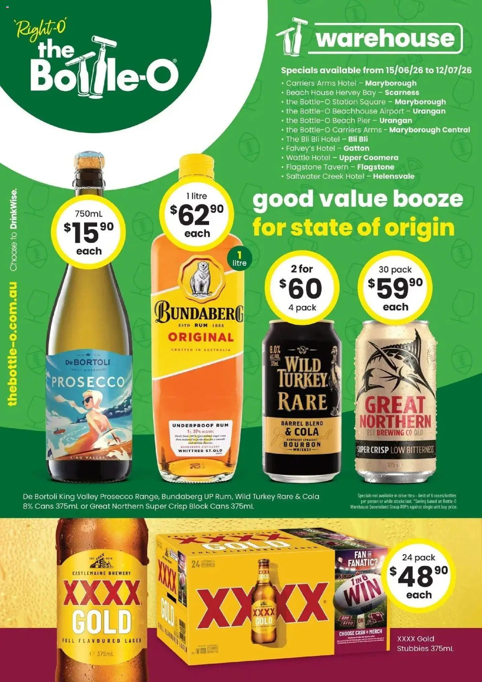 Preview of catalogue The Bottle-O catalogue Maryborough from shop The Bottle-O valid 15/06/2026 - Bourbon, Prosecco, Whiskey, Rum, Turkey, Fan