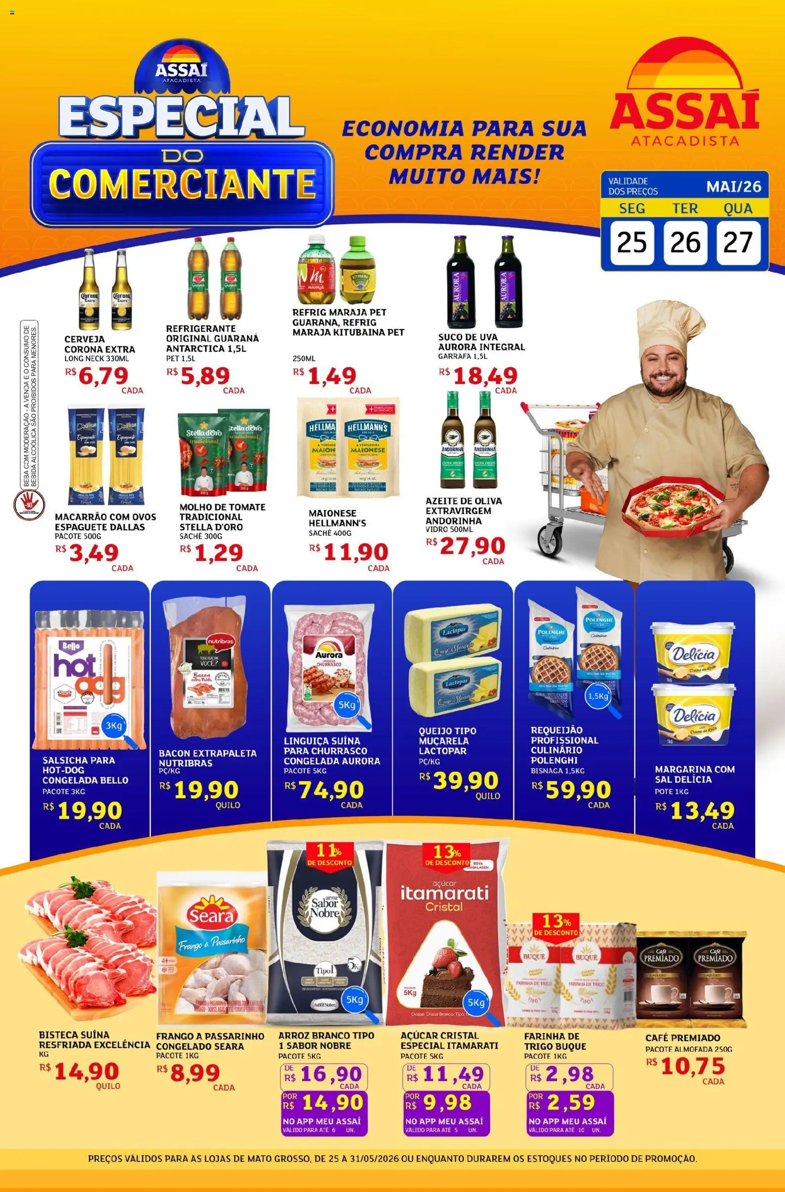 Pré-Visualização do folheto "Assaí Atacadista ofertas - MT" da loja Assaí Atacadista válido a partir de 25/05/2026 - Cerveja, Macarrão, Salsicha, Suco, Azeite de oliva, Guaraná, Espaguete, Açúcar cristal
