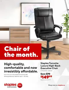 Preview of leaflet Staples flyer - Chair of the month from shop Staples is valid from Apr 01, 2026