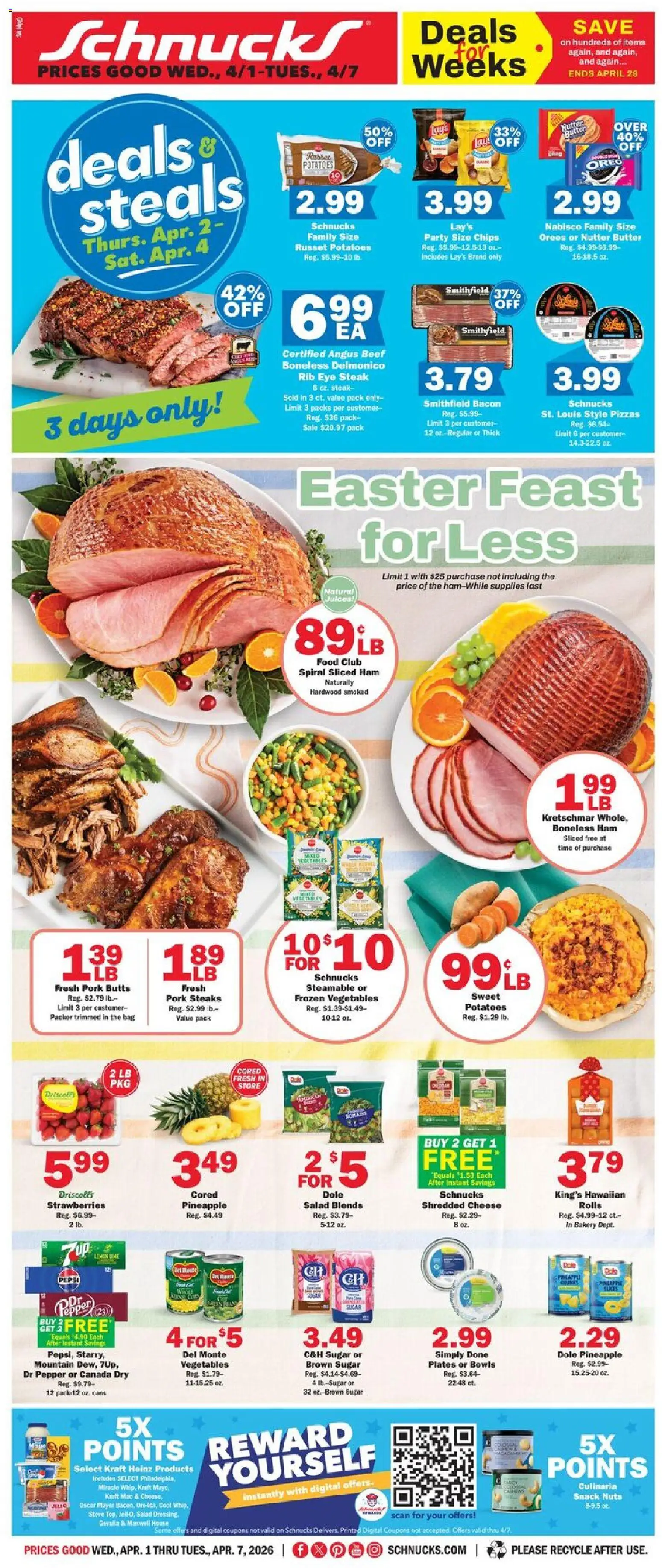 Ad Preview of Schnucks Schnucks Weekly Print Ad - IL from 04/01/2026 - Salad, Dressing, Ham, Beef, Nuts, Lime, Stove, Frozen vegetables