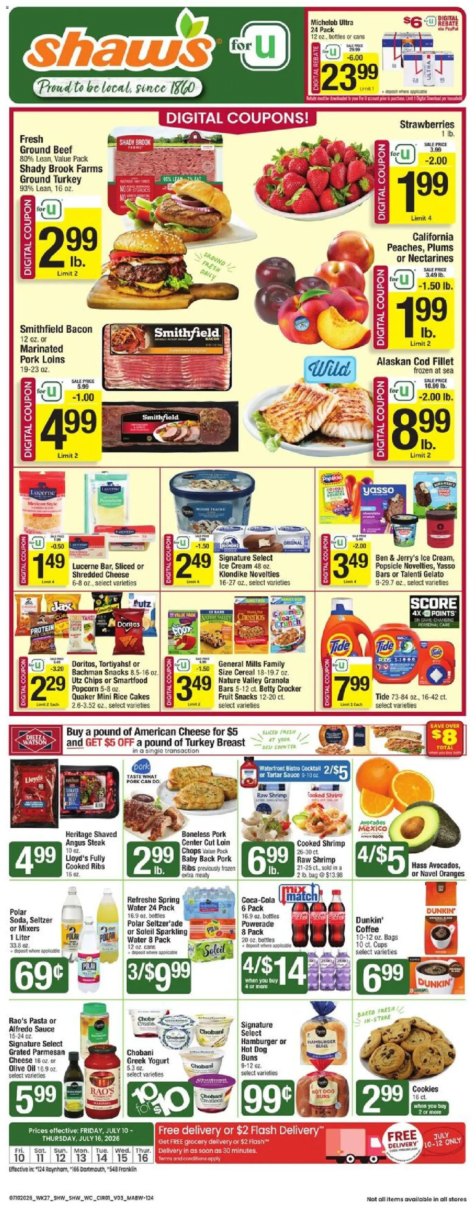 Ad Preview of Shaw's Shaw's Weekly Ad - MA from 07/10/2026 - Ice cream, Water, Oranges, Shrimp, Rice, Greek yogurt, Pork, Parmesan