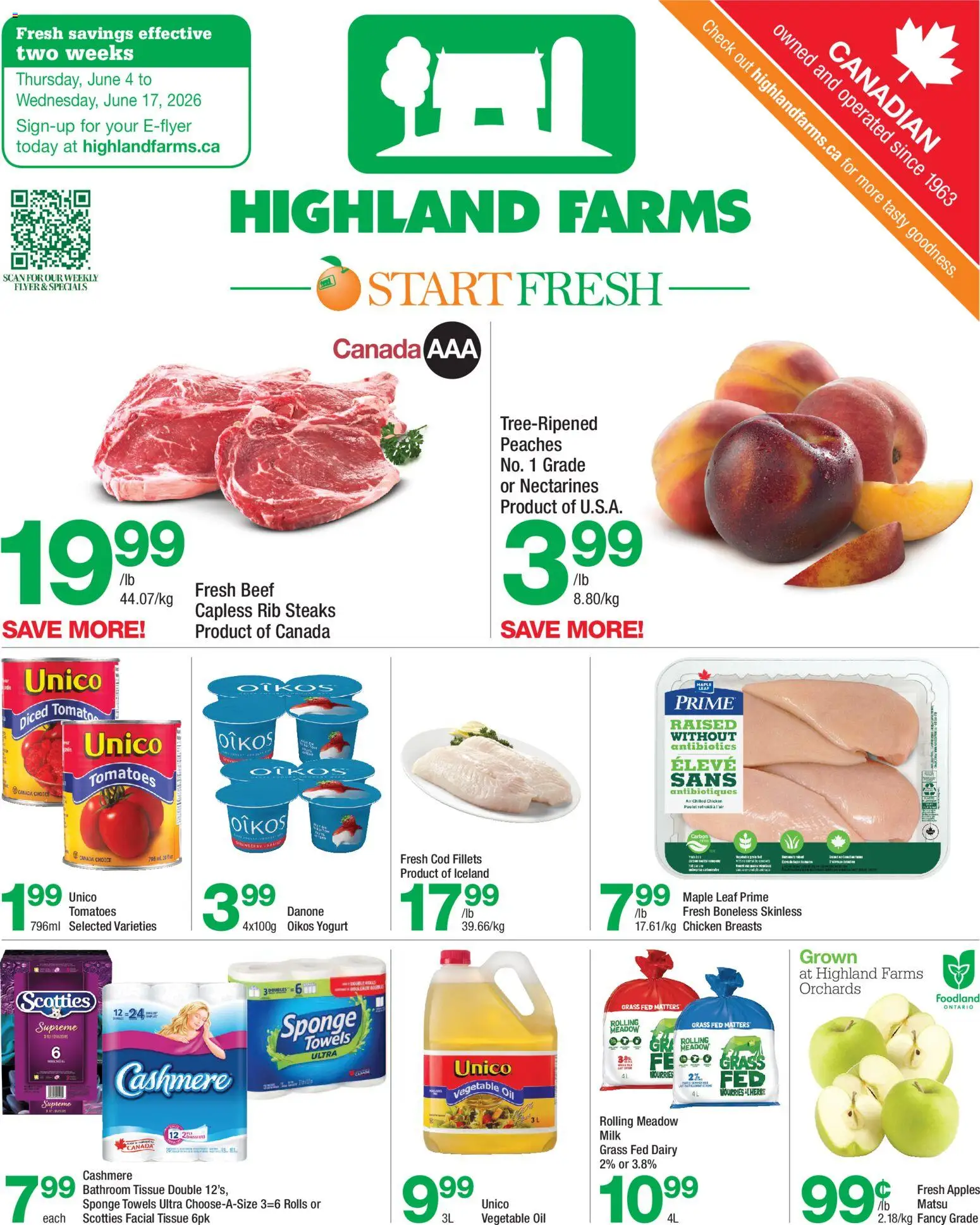Preview of leaflet Highland Farms weekly flyer / circulaire from shop Highland Farms is valid from Jun 04, 2026 - Apples, Yogurt, Milk, Peaches, Tomatoes, Nectarines, Sponge, Vegetable oil