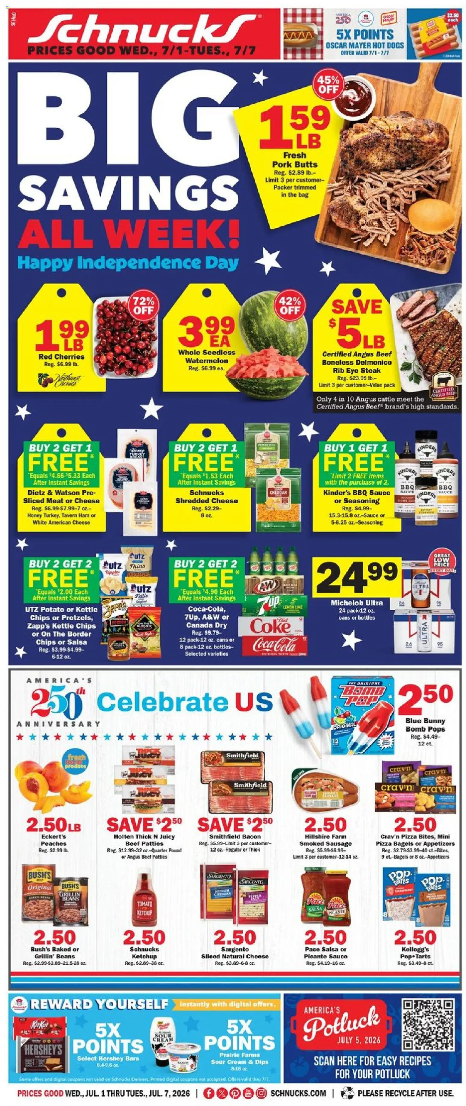 Ad Preview of Schnucks Schnucks Weekly Ad from 07/01/2026 - Honey, Peaches, Tomato, Bacon, Ham, Beef, Bag, Ketchup