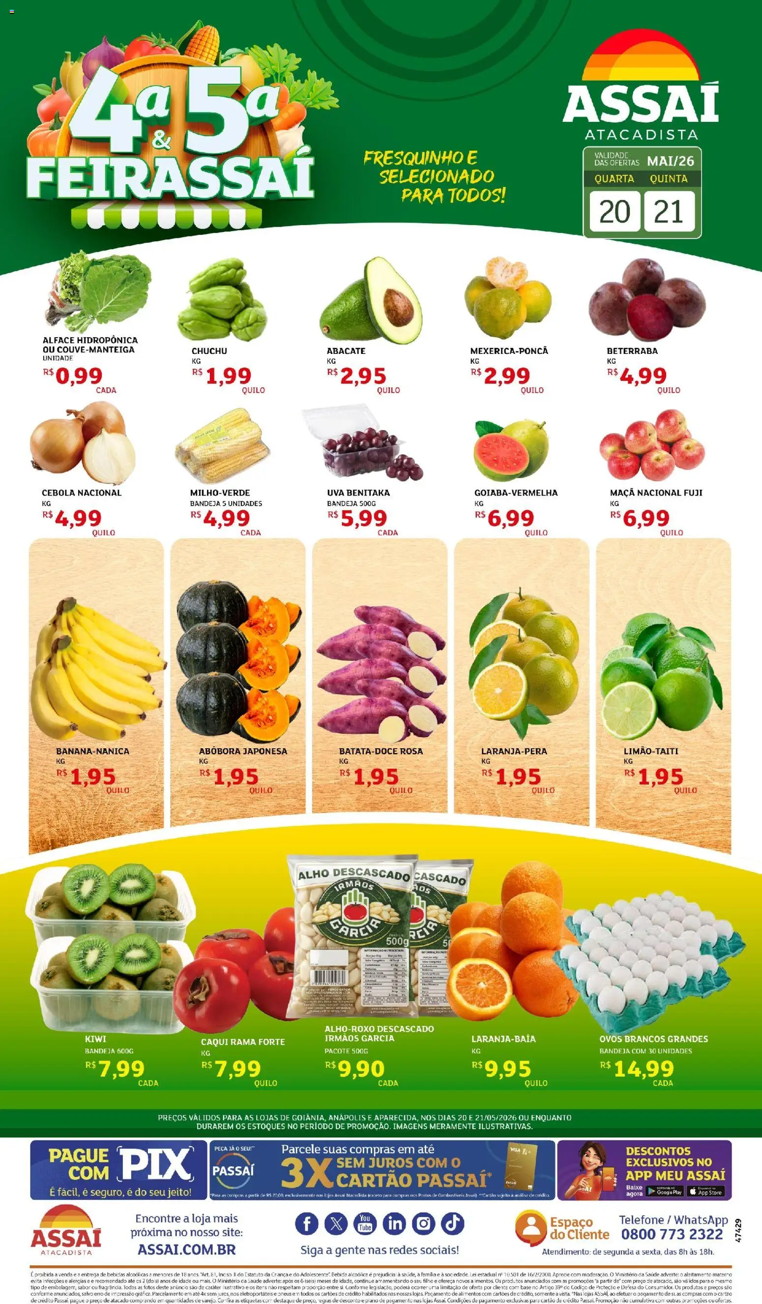 Pré-Visualização do folheto "Assaí Atacadista ofertas - GO" da loja Assaí Atacadista válido a partir de 20/05/2026 - Kiwi, Uva, Bebidas, Bebida, Chuchu, Cebola, Bandeja, Alho