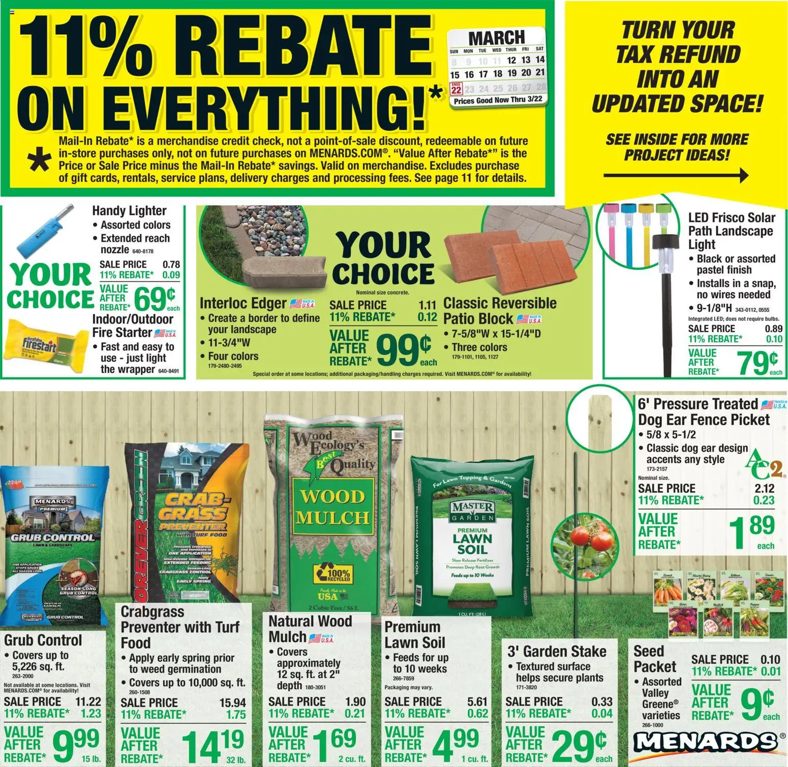 Ad Preview of Menards Menards Ad from 03/11/2026 - Frisco, Lighter, Fire starter, Soil, Edger, Starter, Lawn soil