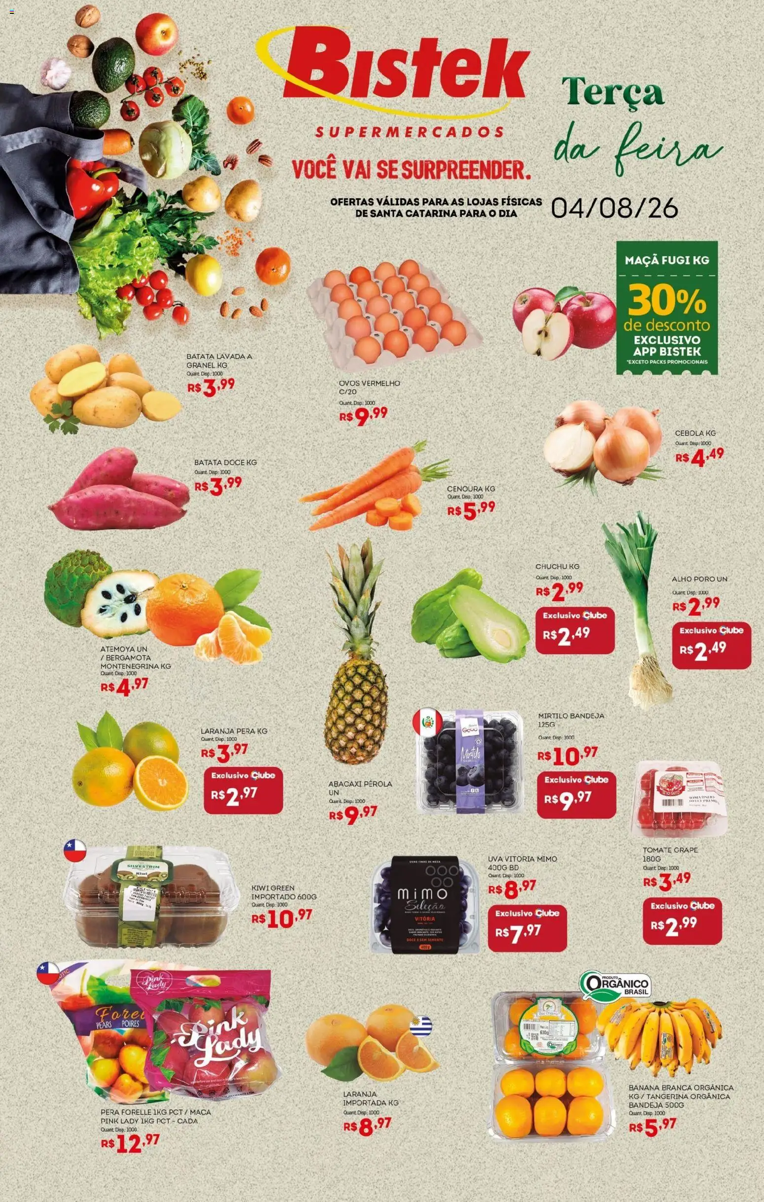 Pré-Visualização do folheto "Bistek Supermercados ofertas Hortifruti" da loja Bistek Supermercados válido a partir de 04/08/2026 - Kiwi, Ovos, Chuchu, Batata, Pera, Tomate, Bandeja, Alho