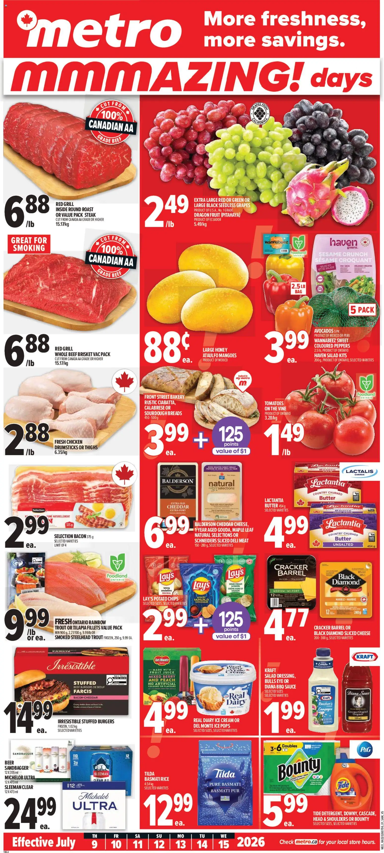 Preview of leaflet Metro weekly flyer - Québec from shop Metro is valid from Jul 09, 2026 - Burgers, Honey, Salad, Sesame, Chips, Beef, Vanilla, Head & Shoulders