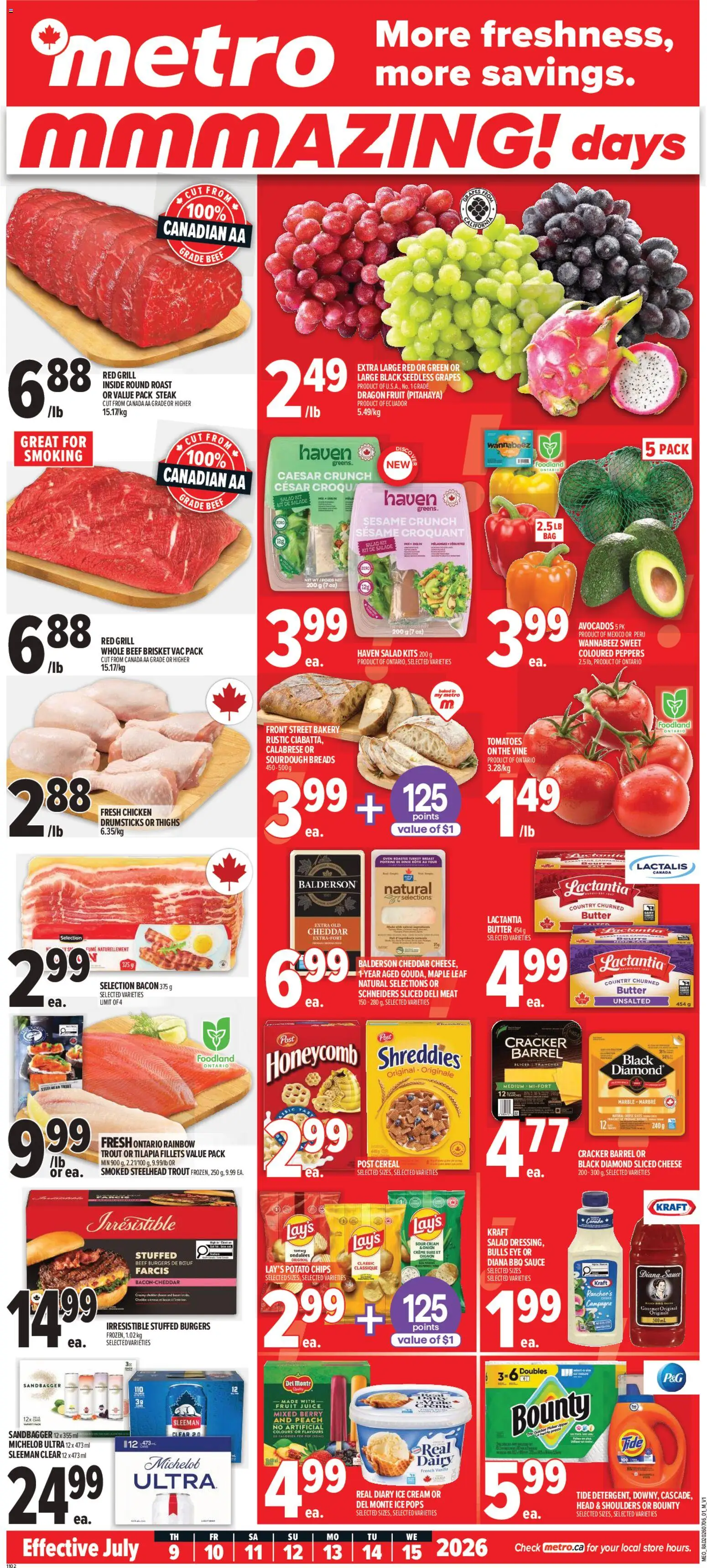 Preview of leaflet Metro weekly flyer - Alma from shop Metro is valid from Jul 09, 2026 - Ice cream, Burgers, Chicken, Salad, Meat, Cream, Trout, Seedless grapes