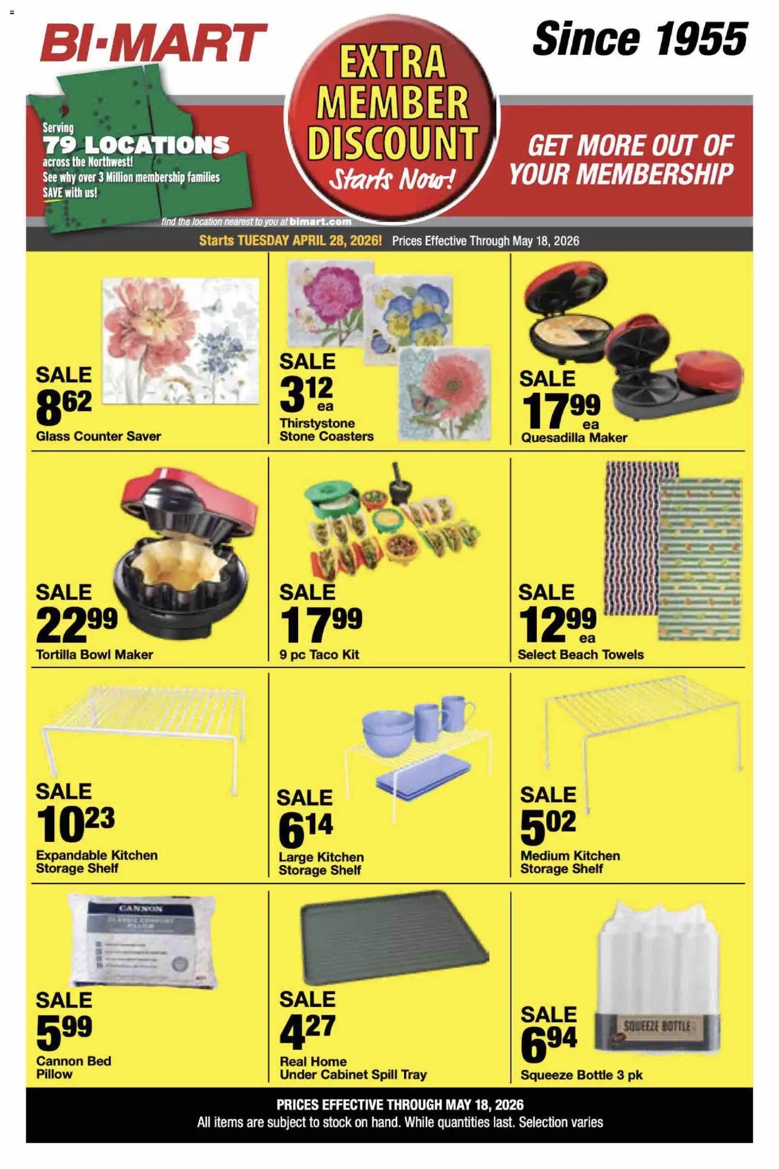 Ad Preview of Bi-Mart Bi-Mart Extra Member Discount from 04/28/2026 - Pc, Bed, Pillow, Shelf, Storage shelf