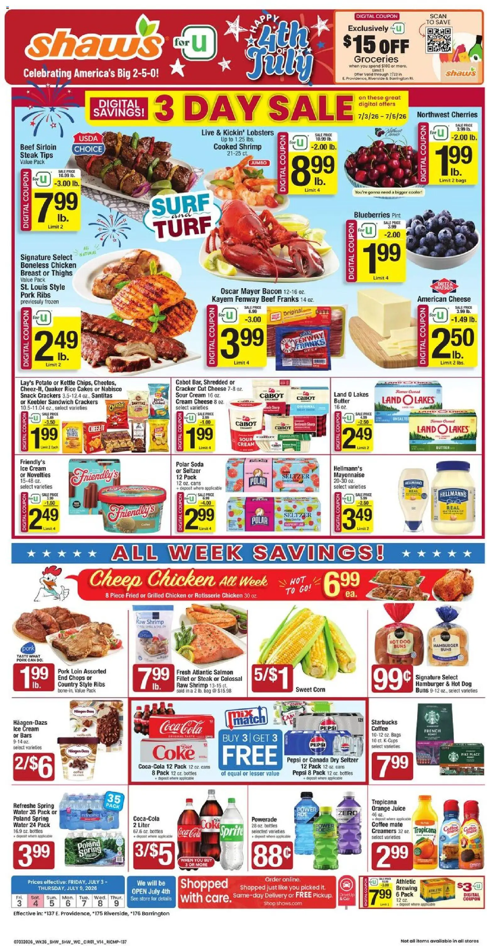 Ad Preview of Shaw's Shaw's Weekly Ad - RI from 07/03/2026 - Ice, Hamburger, Cheese, Rice cakes, Sprite, Beef, Pork, Pork ribs