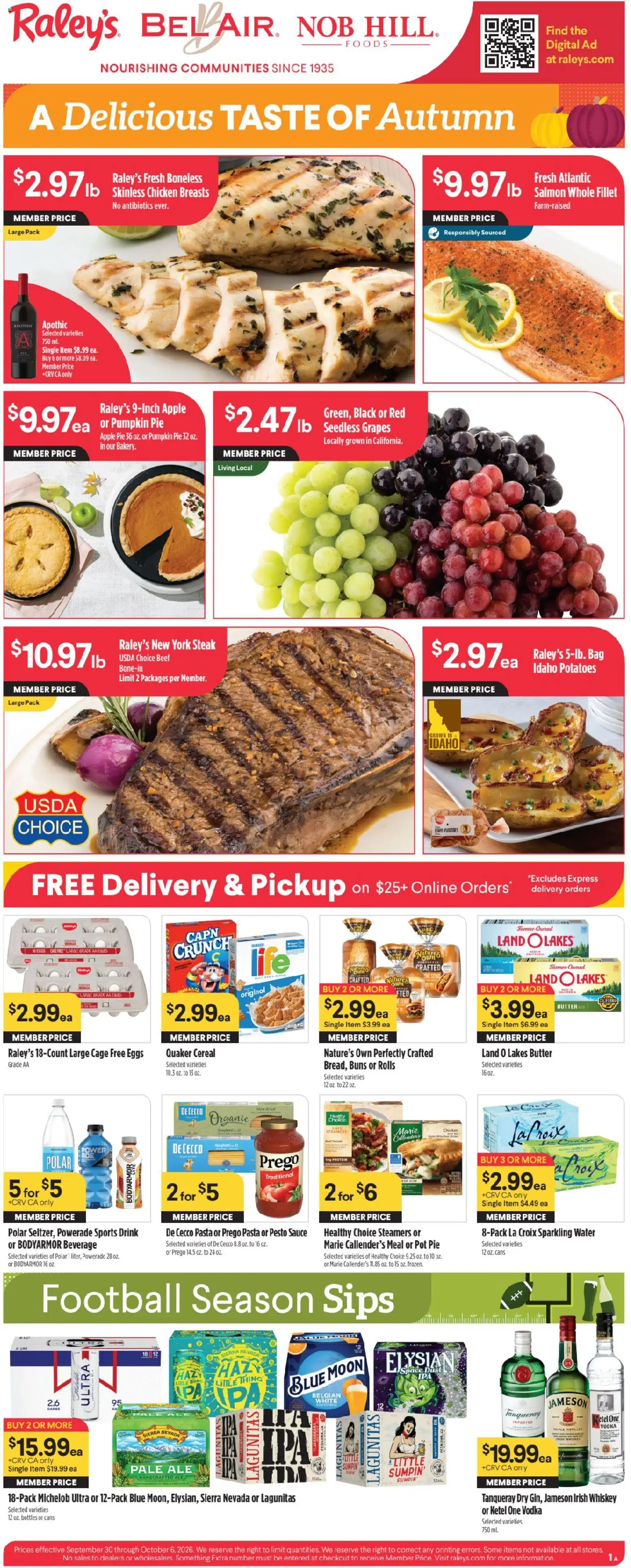 Ad Preview of Raley's Raley's Weekly Ad from 09/30/2026 - Fish, Eggs, Cereal, Beef, Pesto, Pumpkin Pie, Apple Pie, Seedless grapes