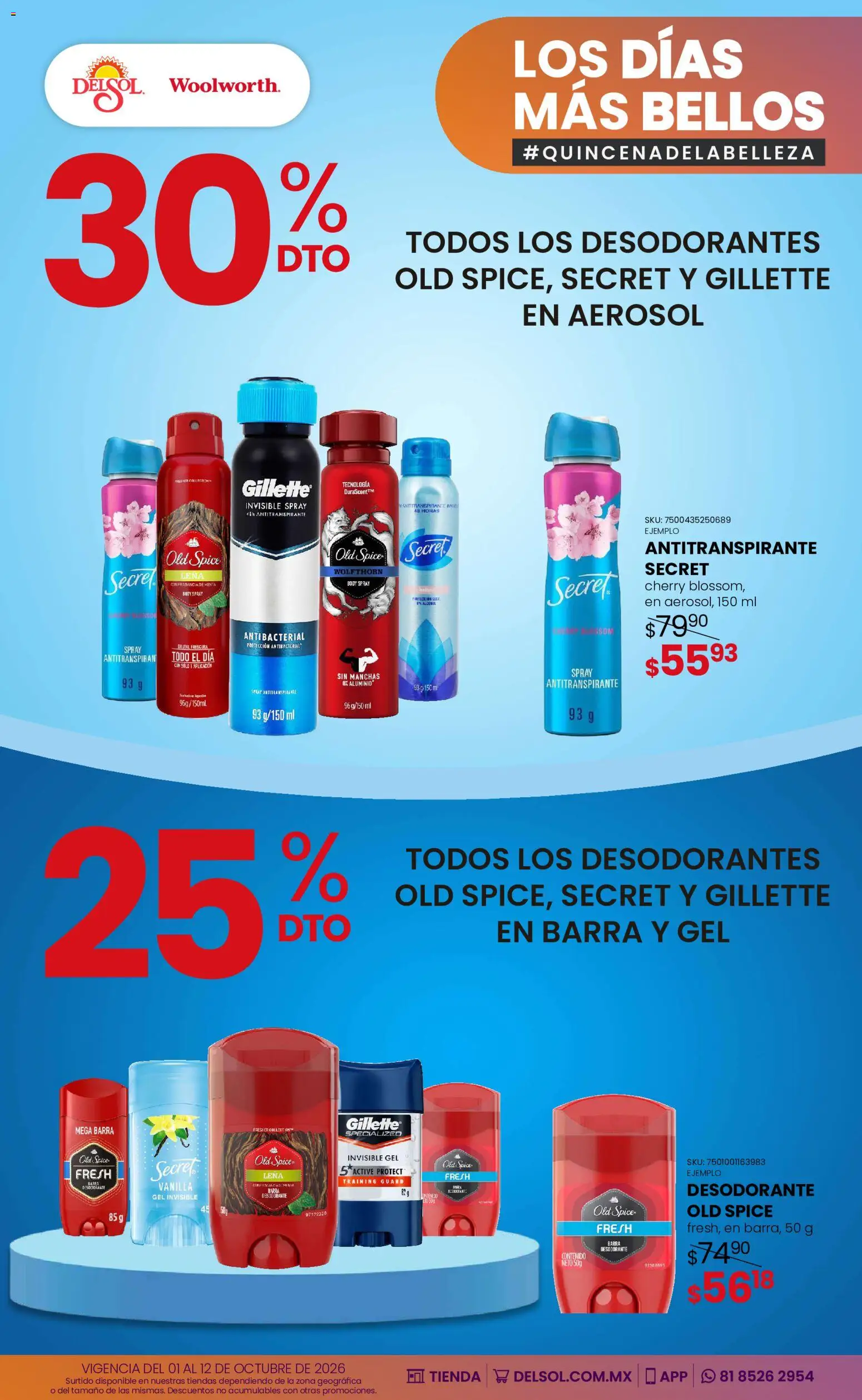 Vista previa las ofertas de la tienda Del Sol y Woolworth - Del Sol y Woolworth catálogo Los días más bellos - Quincena Belleza desde el 01/10/2026 - Desodorante, Body, Barra, Antitranspirante, Leña