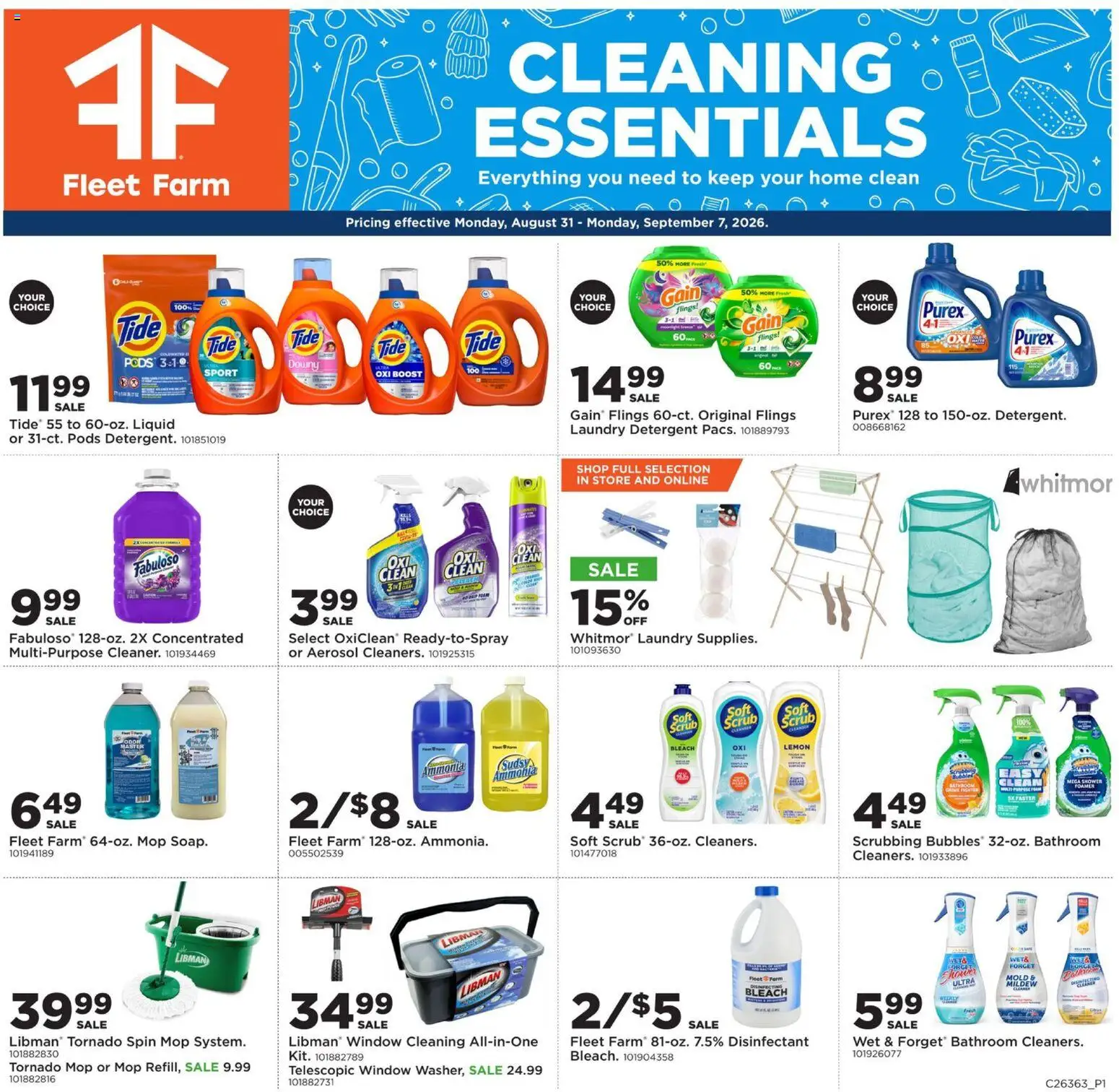 Ad Preview of Mills Fleet Farm Mills Fleet Farm Cleaning Essentials from 08/31/2026 - Lemon, Shower, Mop, Laundry detergent, Detergent