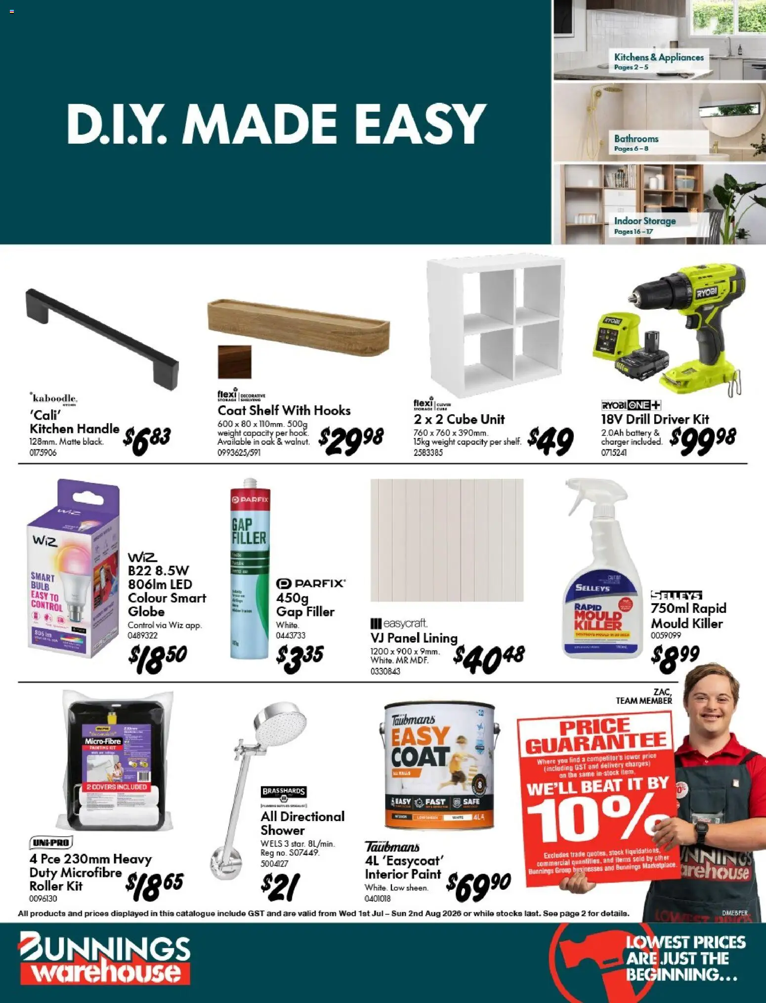 Preview of catalogue Bunnings D.I.Y. Made Easy from shop Bunnings Warehouse valid 01/07/2026 - Shelf, Battery, Shower, Charger, Coat, Bulb, Safe, Weight