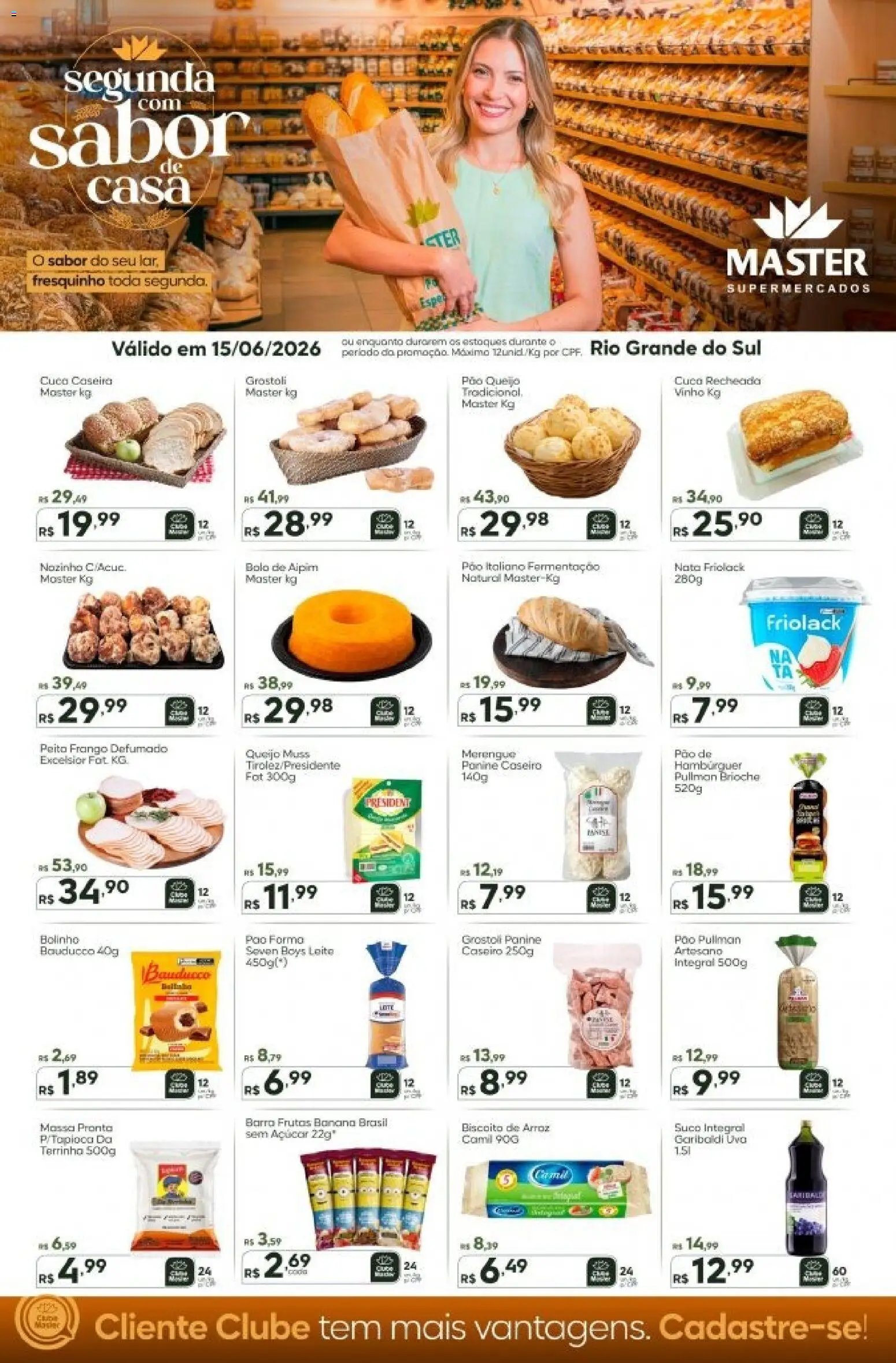 Pré-Visualização do folheto "Master ofertas do Dia" da loja Master válido a partir de 15/06/2026 - Hambúrguer, Uva, Pão, Arroz, Leite, Frango, Suco, Nata
