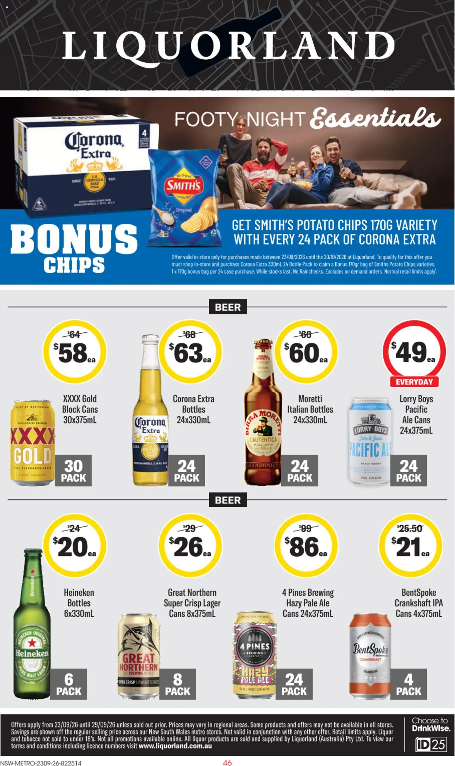 Preview of catalogue Liquorland catalogue from shop Liquorland valid 23/09/2026 - Corona Extra, Heineken, Beer, Chips, Case, Bag