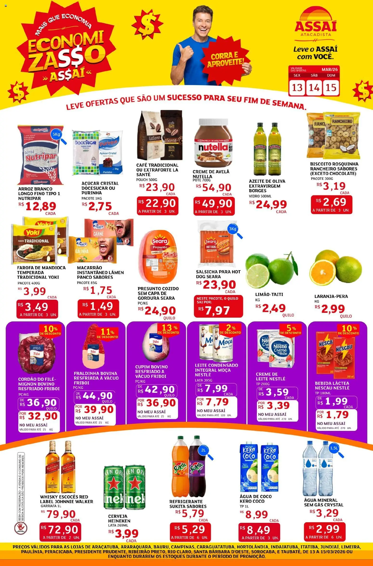 Pré-Visualização do folheto "Assaí Atacadista ofertas - SP" da loja Assaí Atacadista válido a partir de 13/03/2026 - Coco, Água, Leite condensado, Nutella, Salsicha, Azeite, Mandioca, Fraldinha