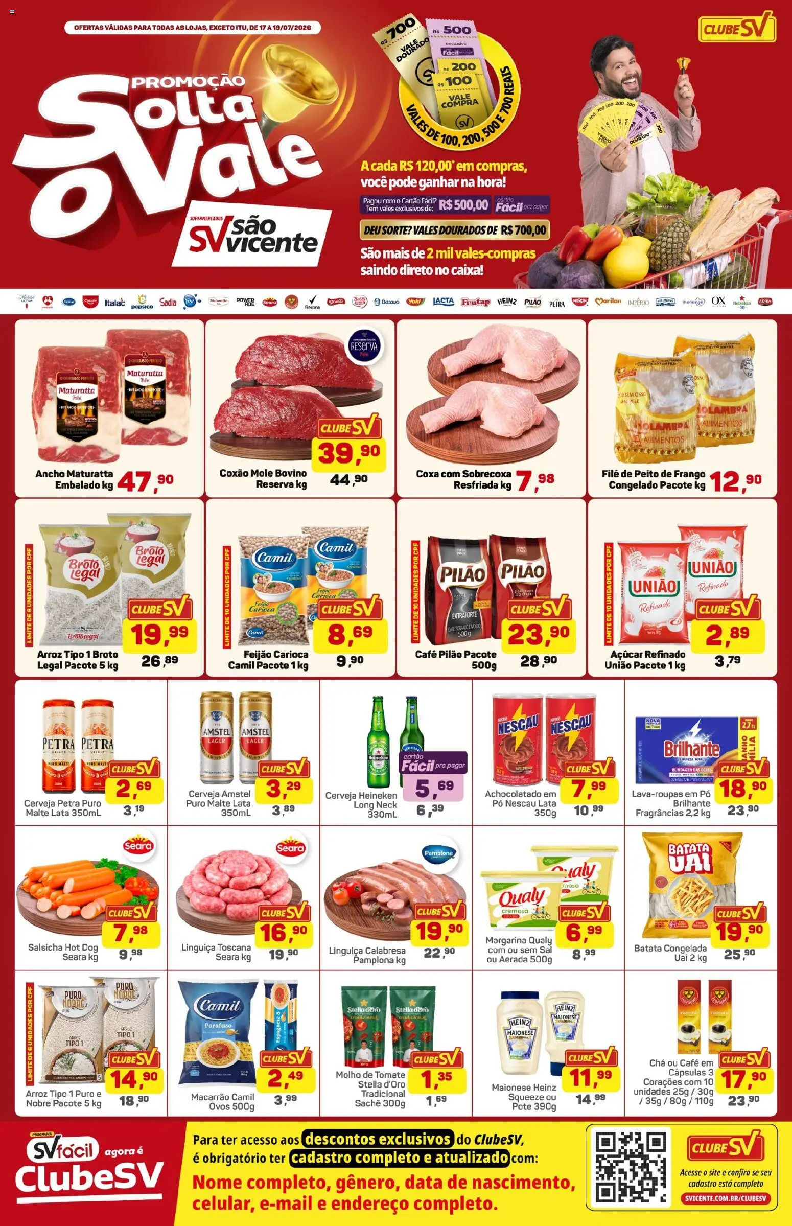 Pré-Visualização do folheto "Supermercados São Vicente - Ofertas da semana" da loja Supermercados São Vicente válido a partir de 17/07/2026 - Macarrão, Arroz, Feijão, Tomate, Maionese, Nescau, Alimentos, Molho de tomate