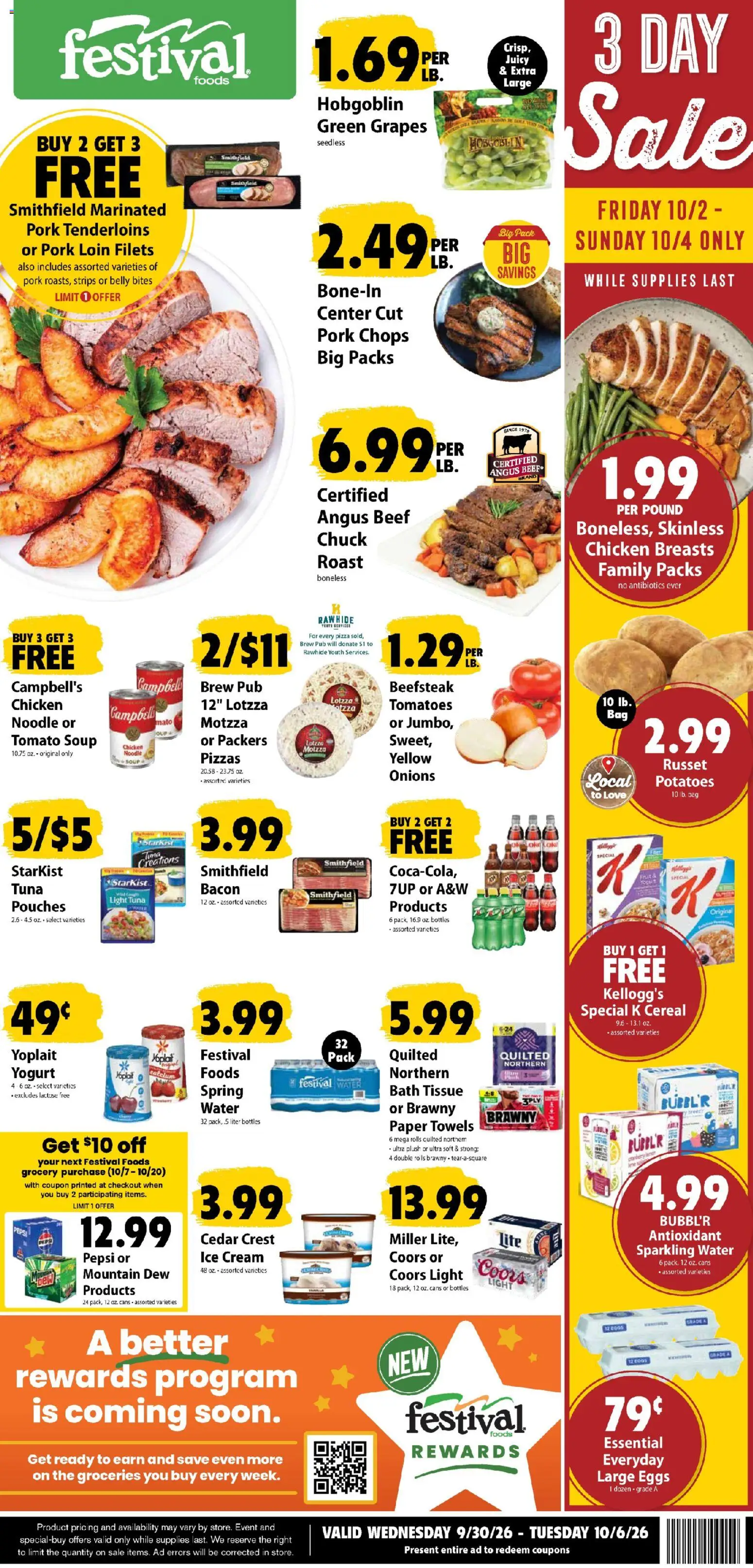 Ad Preview of Festival Foods Festival Foods Weekly Ad from 09/30/2026 - Pizza, Ice, Cereal, Grapes, Tuna, Beef, Pork, Pork loin