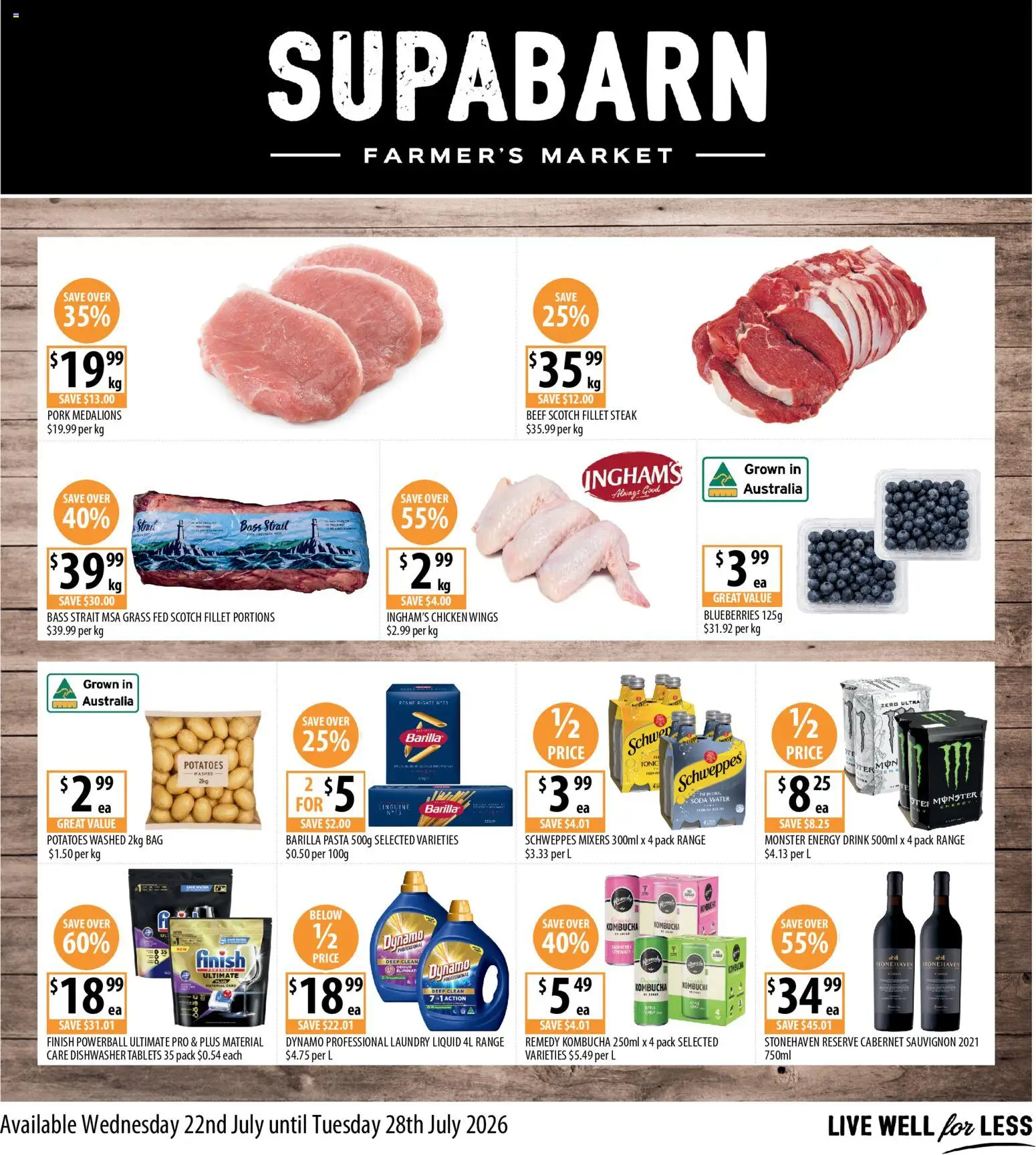 Preview of catalogue Supabarn catalogue from shop Supabarn valid 22/07/2026 - Barilla pasta, Beef, Dishwasher tablets, Tonic, Steak, Barilla, Laundry, Dishwasher