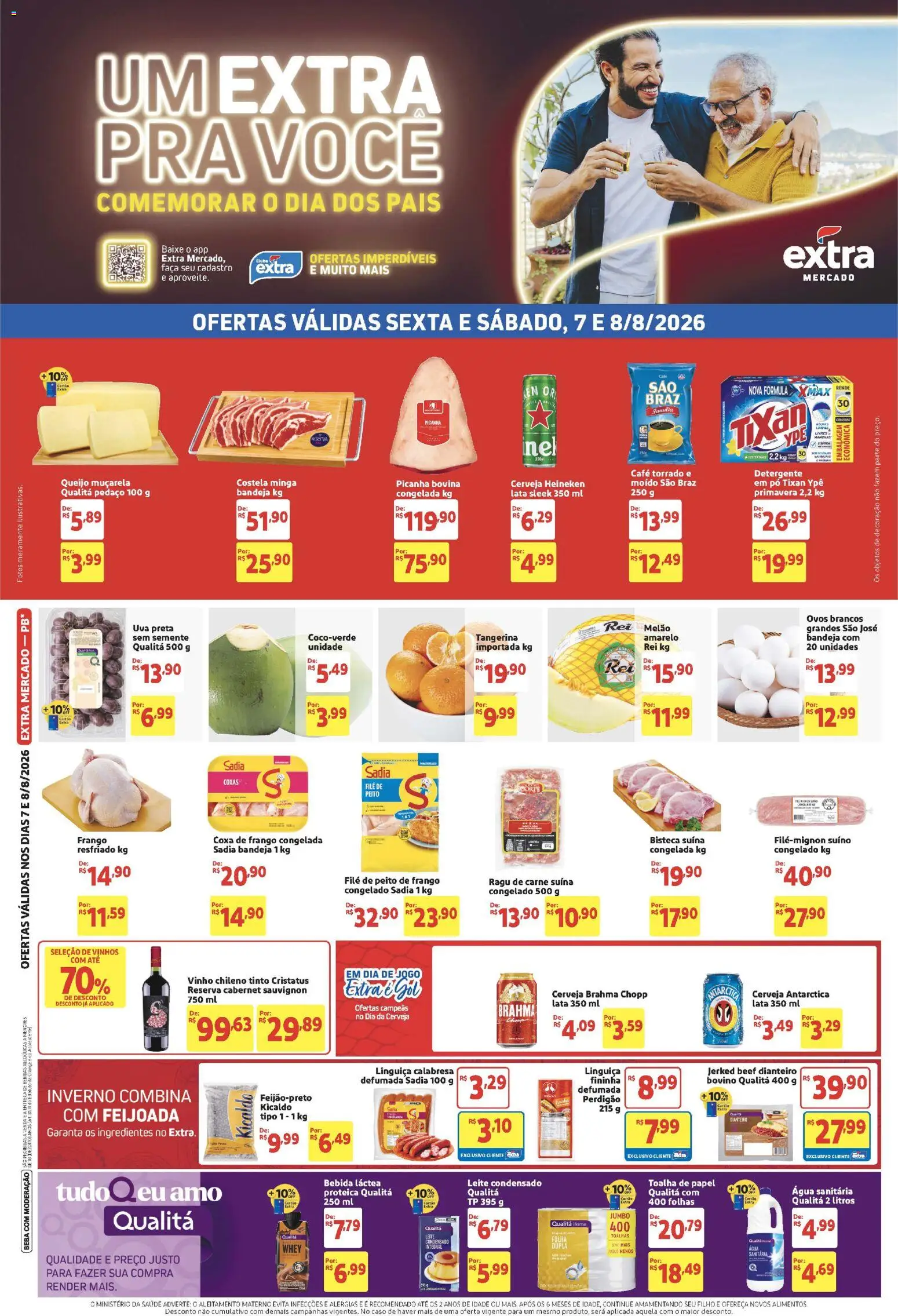 Pré-Visualização do folheto "Extra ofertas Fim de semana Mercado" da loja Extra válido a partir de 07/08/2026 - Cerveja, Água, Vinho, Uva, Picanha, Leite, Linguiça, Frango resfriado