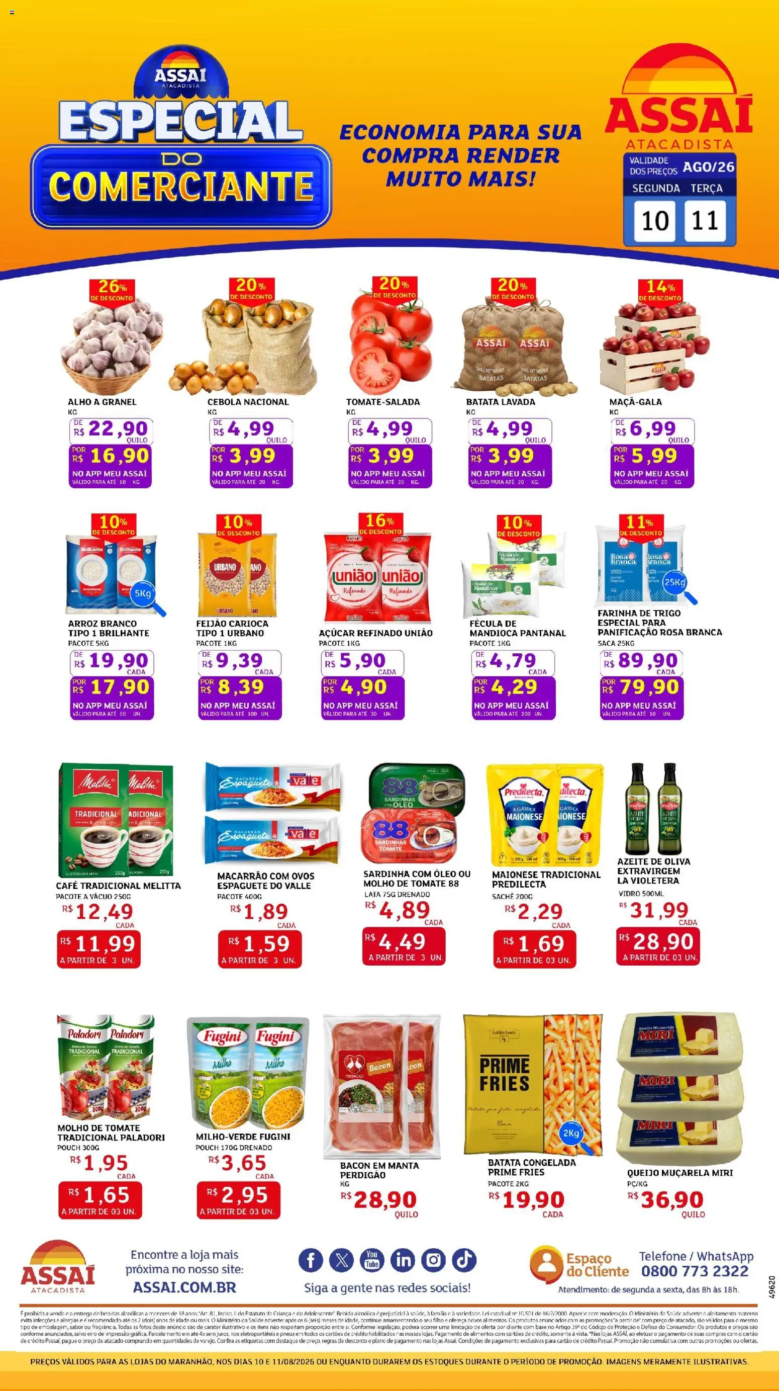 Pré-Visualização do folheto "Assaí Atacadista ofertas - MA" da loja Assaí Atacadista válido a partir de 10/08/2026 - Ovos, Batatas, Maionese, Azeite de oliva, Cebola, Alho, Queijo muçarela, Muçarela