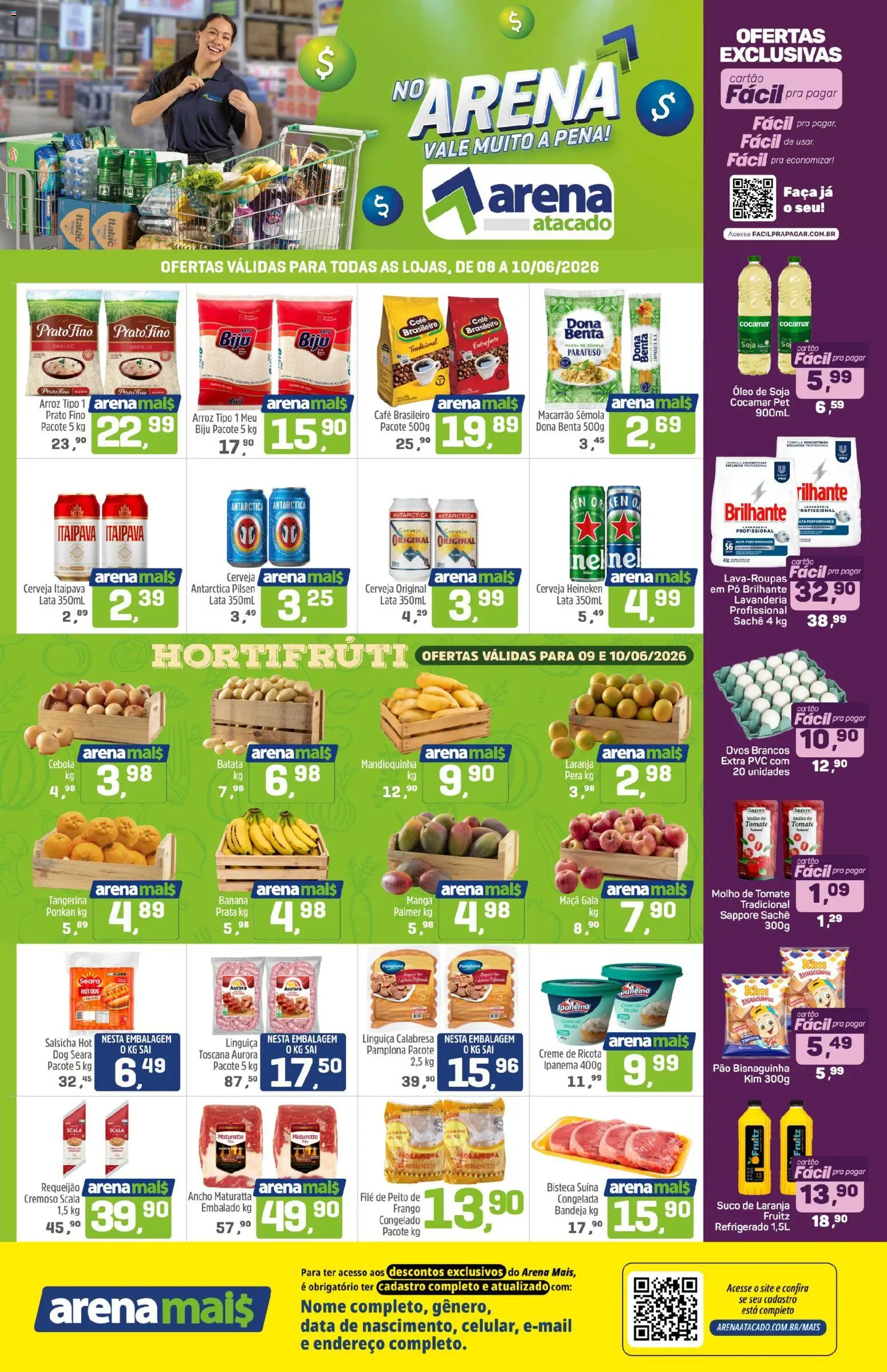 Pré-Visualização do folheto "Arena Atacado - Ofertas da semana" da loja Arena Atacado válido a partir de 08/06/2026 - Heineken, Ovos, Batata, Soja, Alimentos, Molho de tomate, Suco de laranja, Bandeja