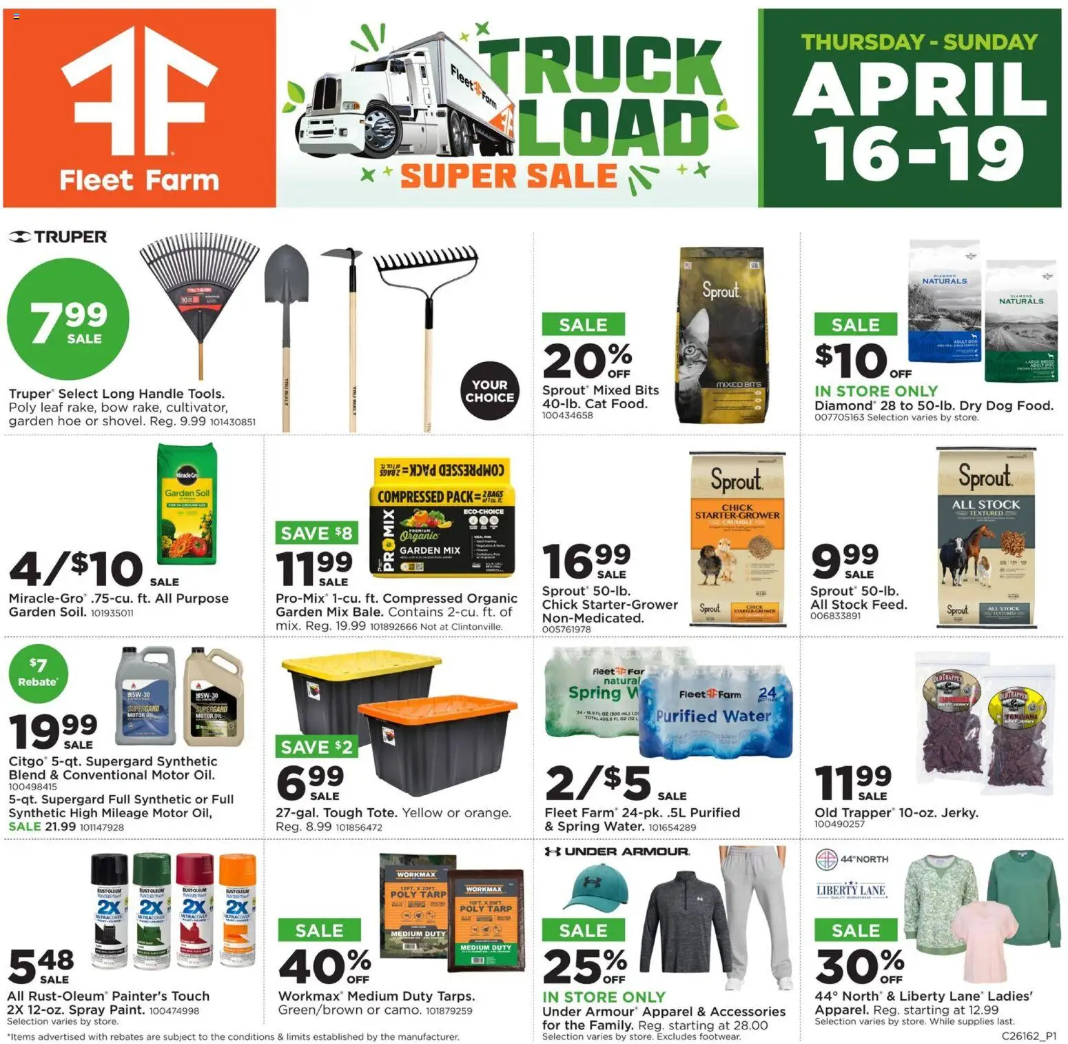 Ad Preview of Mills Fleet Farm Mills Fleet Farm Truckload Event from 04/16/2026 - Water, Bow, Hoe, Oil, Starter, Motor Oil