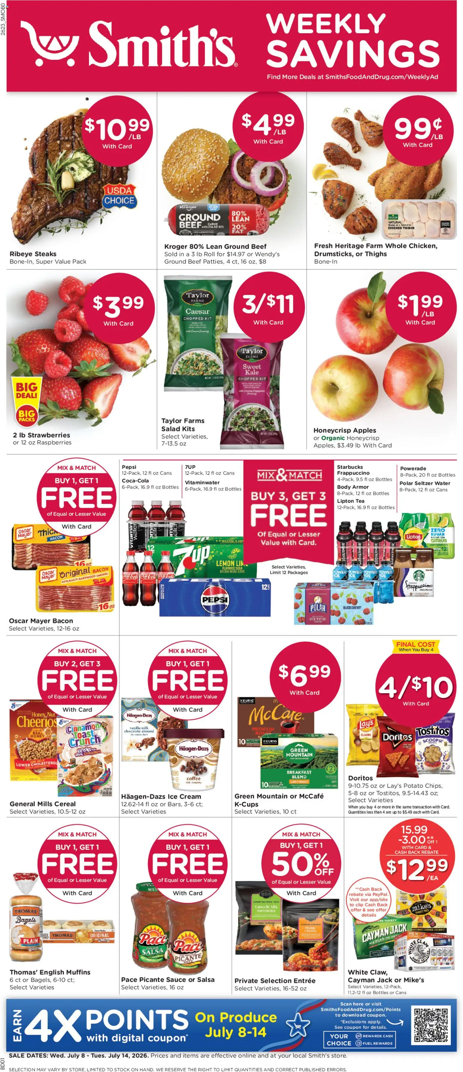 Ad Preview of Smith's Smith's Weekly Ad from 07/08/2026 - Coffee, Apples, Pads, Raspberries, Bacon, Sugar, Beef, Muffins