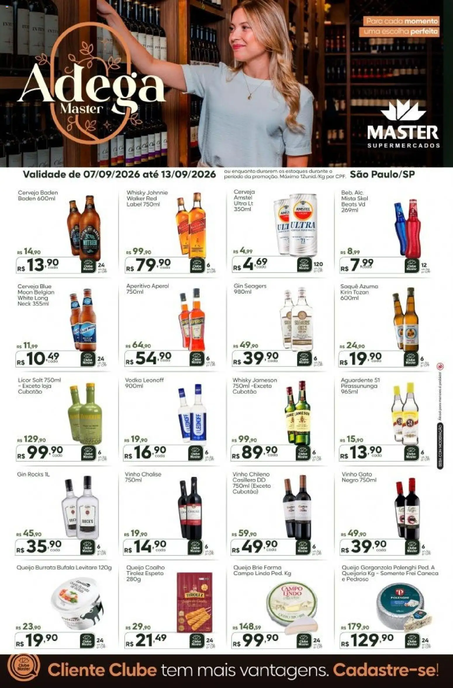 Pré-Visualização do folheto "Master ofertas Adega" da loja Master válido a partir de 07/09/2026 - Whisky, Cerveja, Gin, Saquê, Vinho, Vodka, Licor, Brie