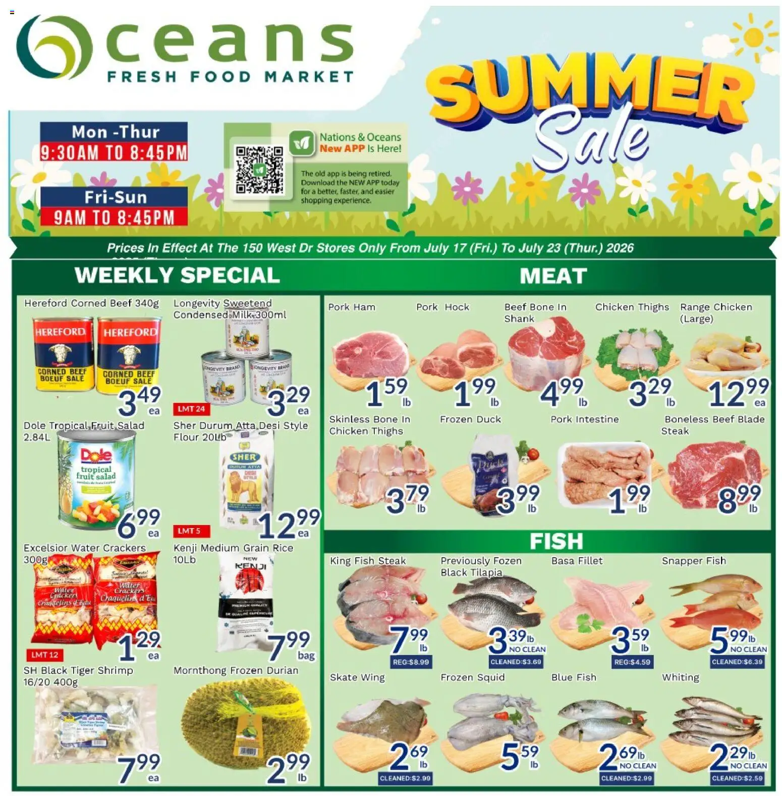 Preview of leaflet Oceans weekly flyer - Brampton from shop Oceans is valid from Jul 17, 2026 - Food, Chicken, Meat, Shrimp, Chicken thighs, Ham, Crackers, Tropical fruit