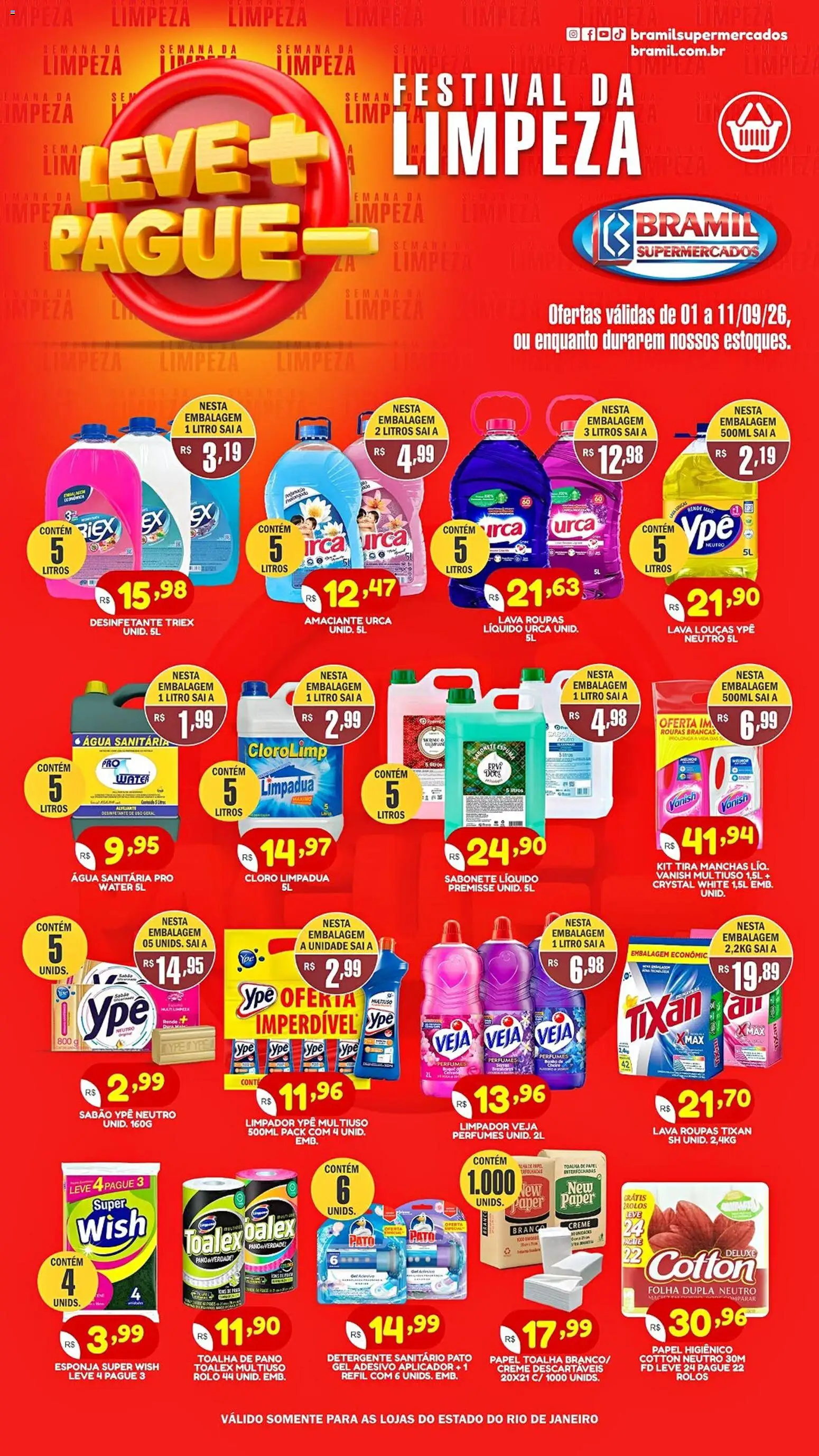 Pré-Visualização do folheto "Bramil Supermercados ofertas Festival da Limpeza" da loja Bramil Supermercados válido a partir de 01/10/2026 - Pato, Sabonete líquido, Detergente, Papel higiênico, Amaciante, Cloro, Tira manchas, Amaciante urca