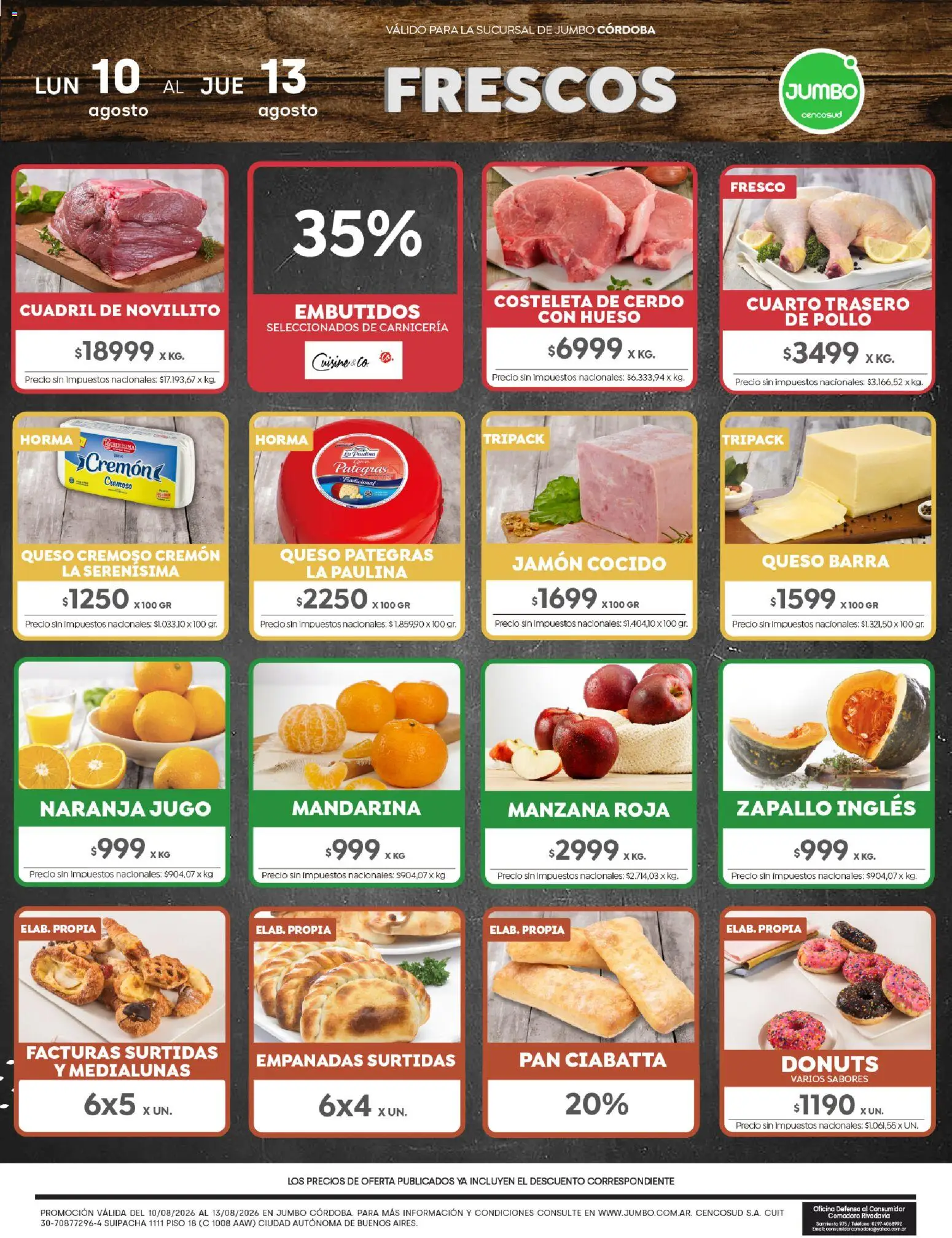 Vista previa del folleto de la tienda Jumbo válido desde el 10/08/2026 - Pollo, Zapallo, Manzana, Queso, Pan, Cerdo, Jugo, Cuadril
