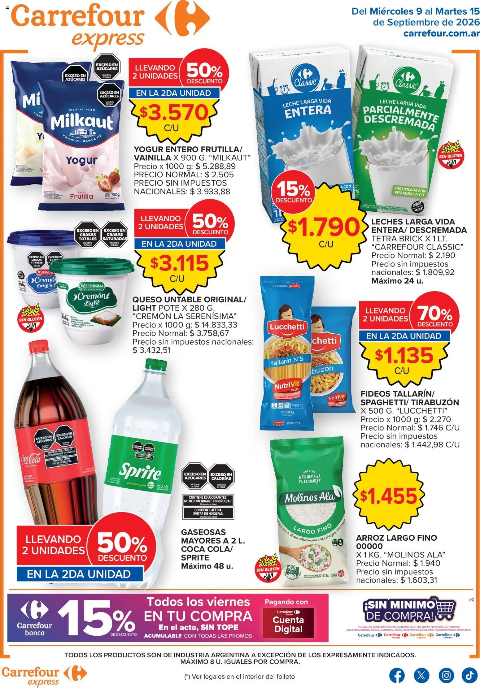Vista previa del folleto de la tienda Carrefour Express válido desde el 09/09/2026 - Queso, Arroz, Frutilla, Leche, Fideos, Sprite, Buzón, Untable