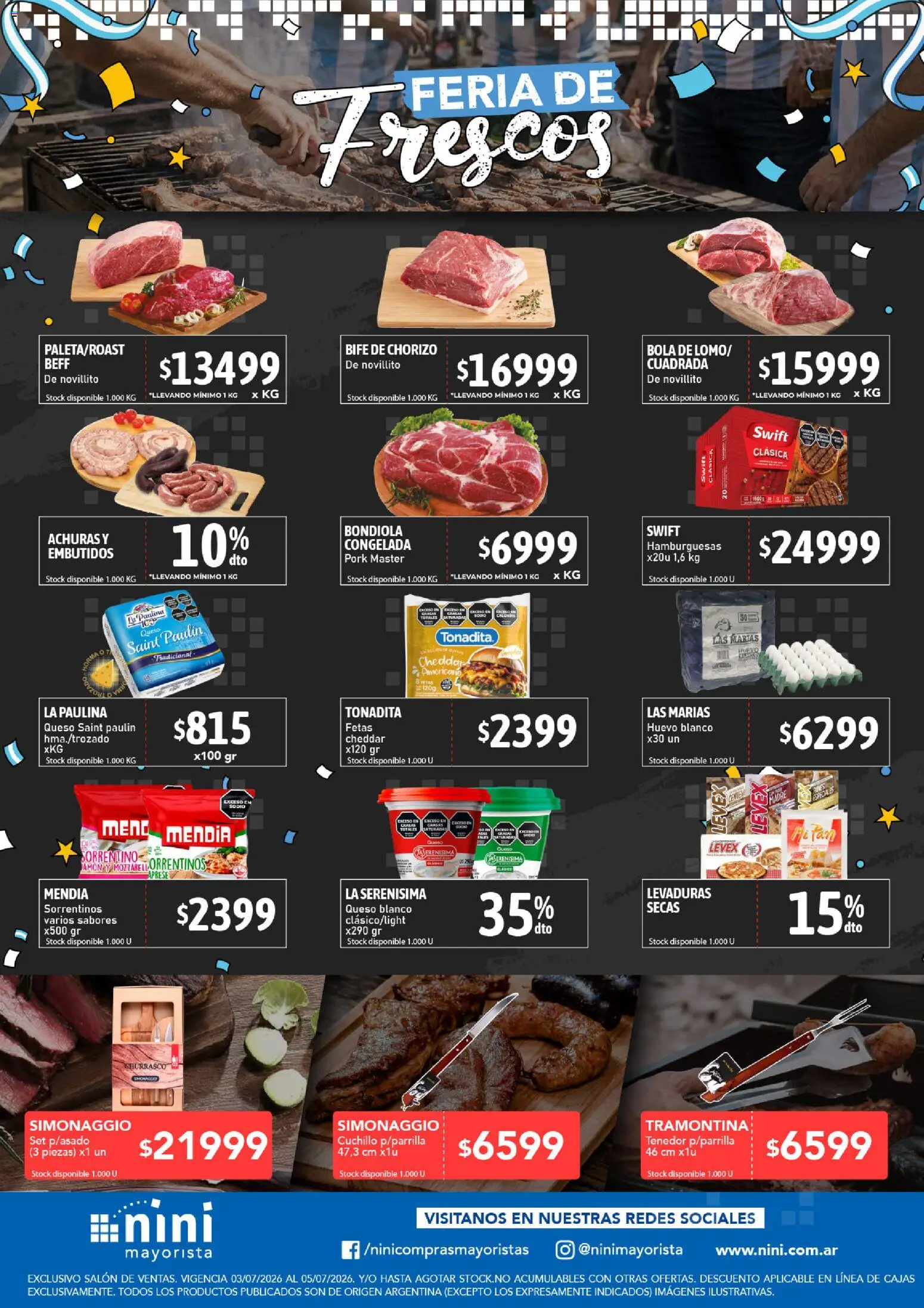 Vista previa del folleto de la tienda NINI Mayorista válido desde el 03/07/2026 - Queso, Huevo, Chorizo, Tenedor, Bife, Embutidos, Queso blanco, Cuchillo