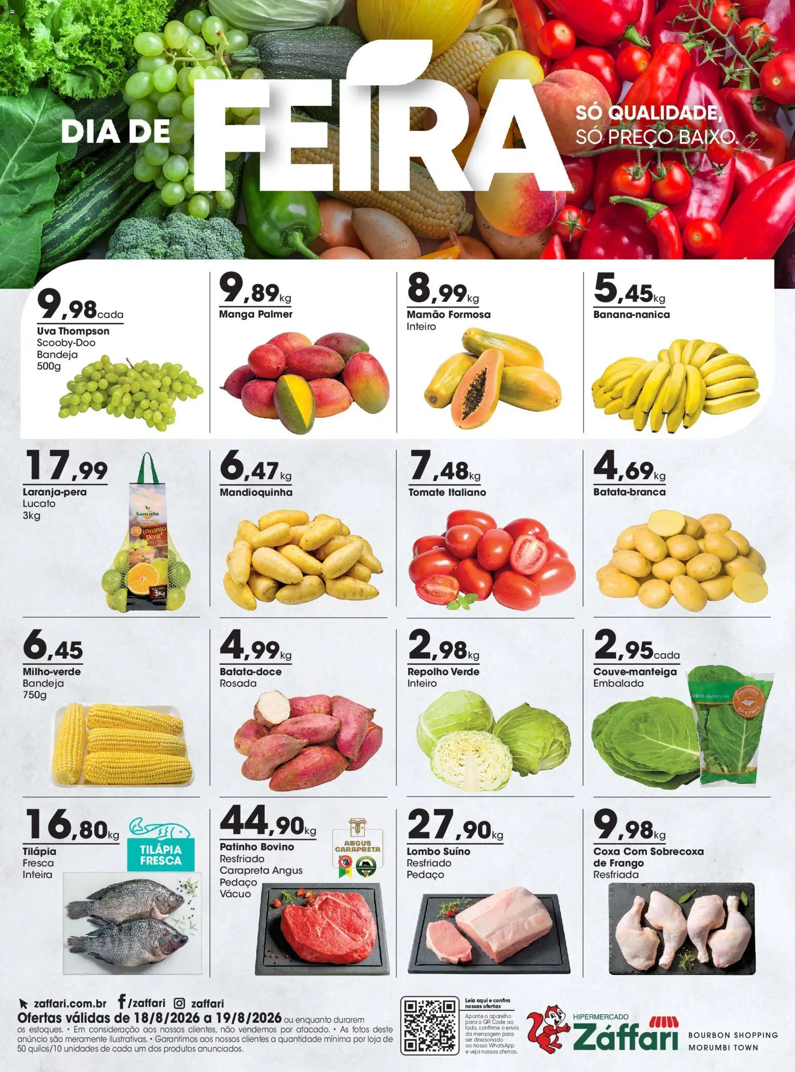 Pré-Visualização do folheto "Zaffari ofertas Dia de Feira - SP" da loja Zaffari válido a partir de 18/08/2026 - Uva, Frango, Tomate, Bandeja, Mandioquinha, Lombo, Mamão, Tilápia